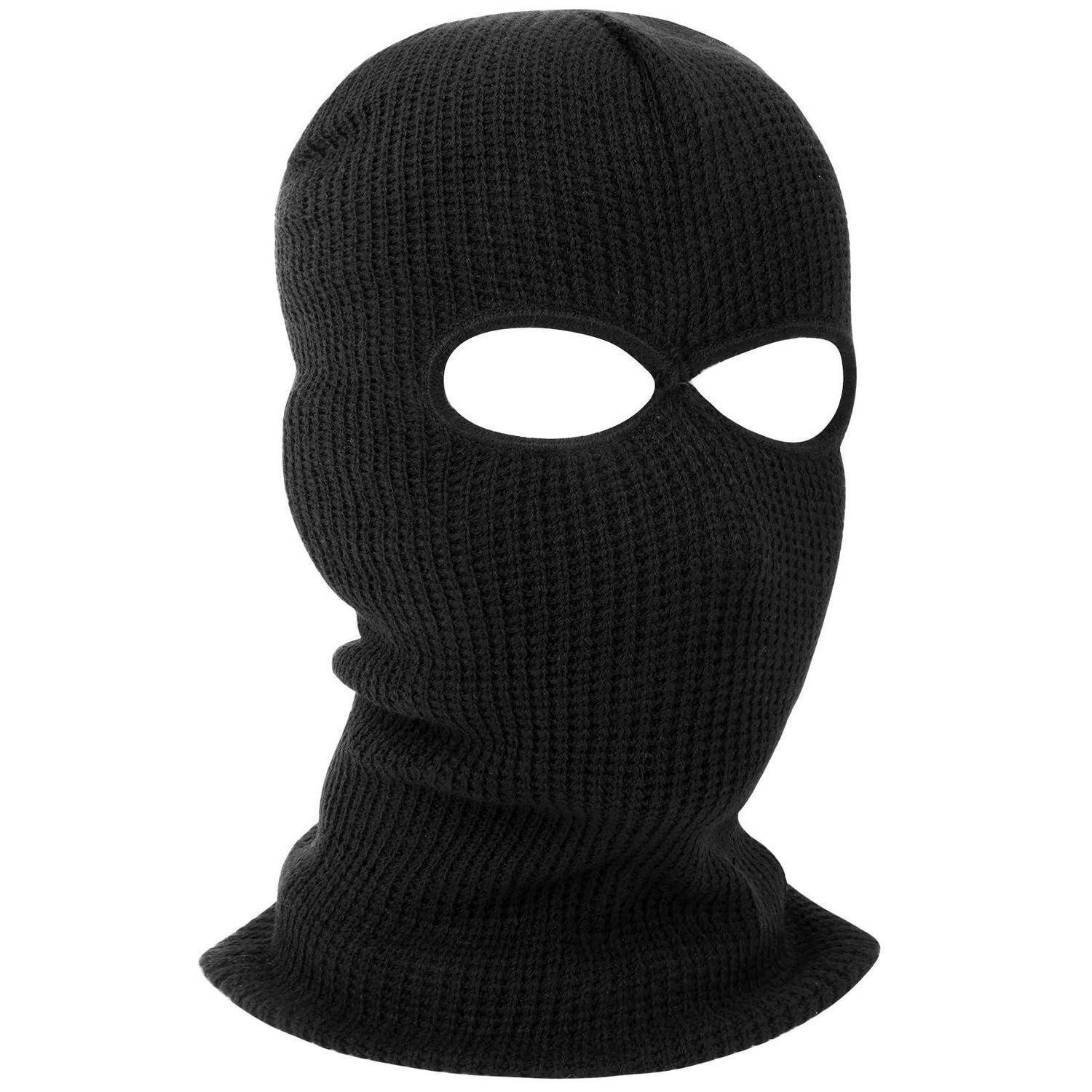 Schwarze gestrickte Sturmhaube mit Öffnungen für die Augen, gezeigt auf einem schlichten weißen Hintergrund.