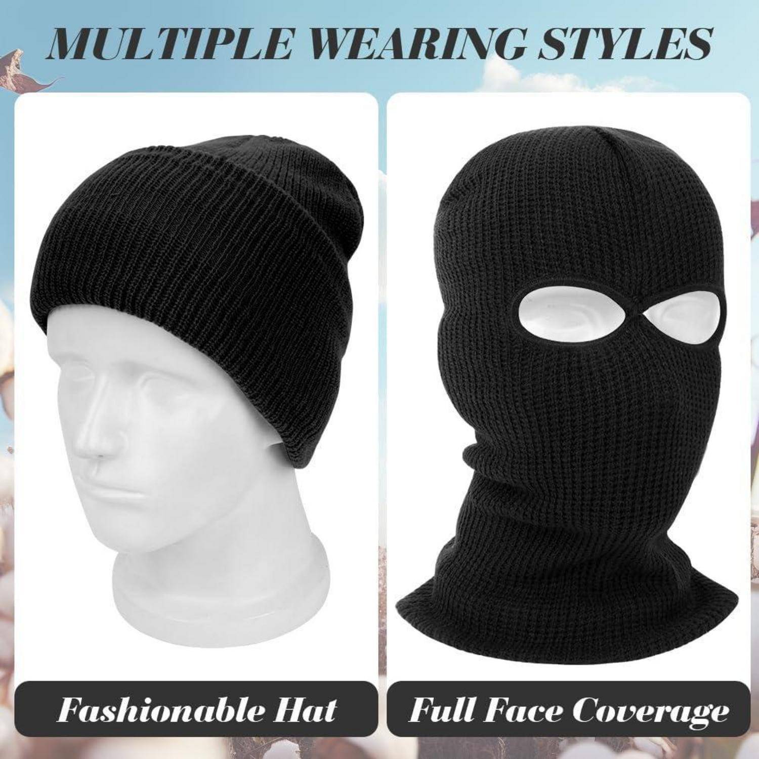 Produktbild zeigt eine schwarze Strickmütze, die auf zwei Arten getragen wird: als lockere Mütze und als Gesichtsschutz mit Augenöffnungen.