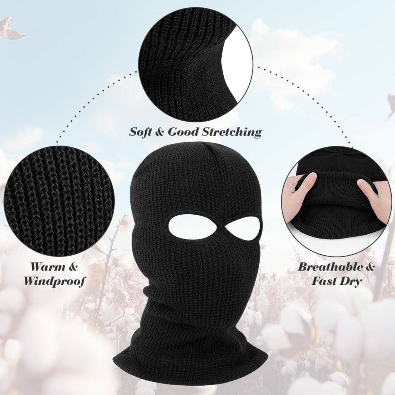 Schwarze gestrickte Skimaske Balaclava mit Augenlöchern, gezeigt mit Nahaufnahmen, die weiches Stretch, warme winddichte und atmungsaktive schnelltrocknende Eigenschaften hervorheben.