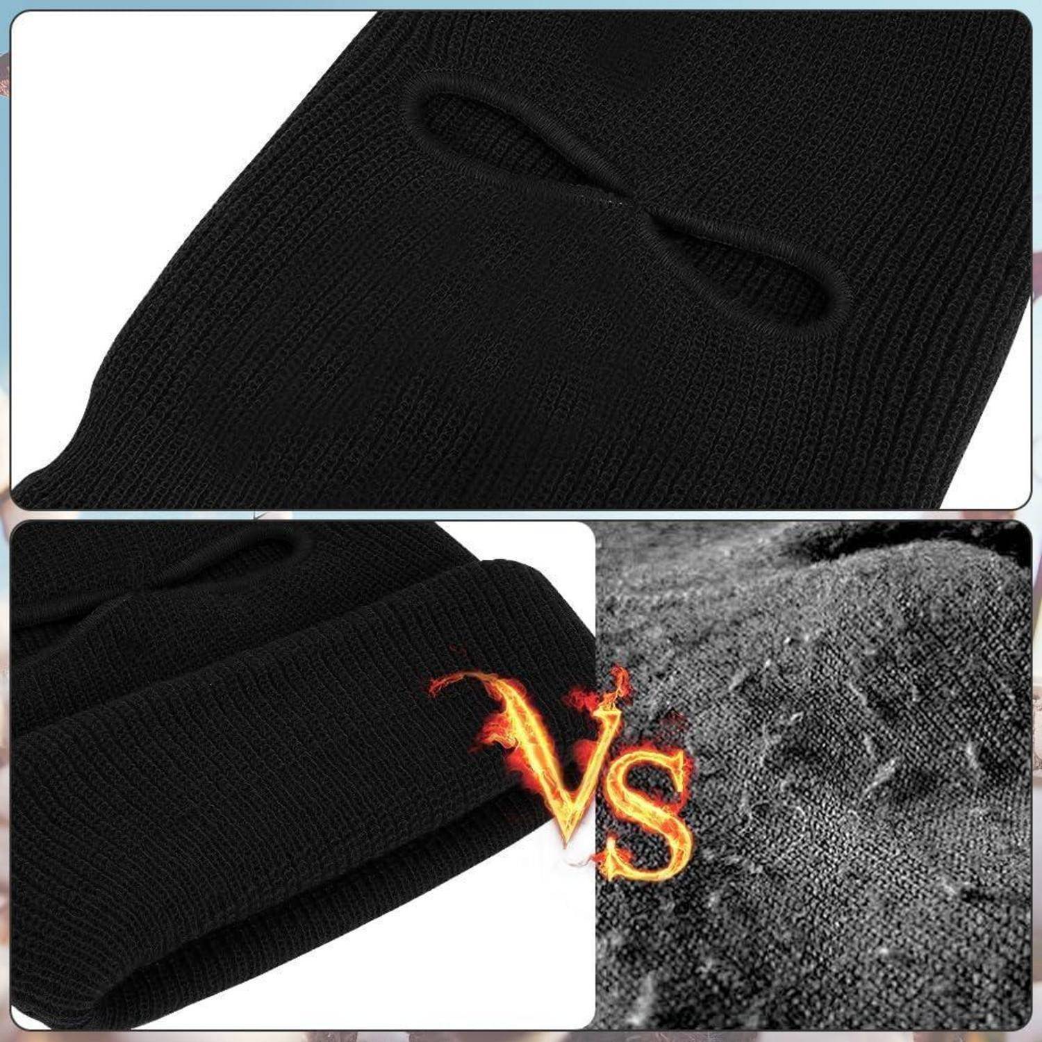 Schwarze gestrickte Gesichtsbedeckung in Nahaufnahme mit Augenlöchern, verglichen mit einer rauen graueren Stofftextur in einem geteilten „VS