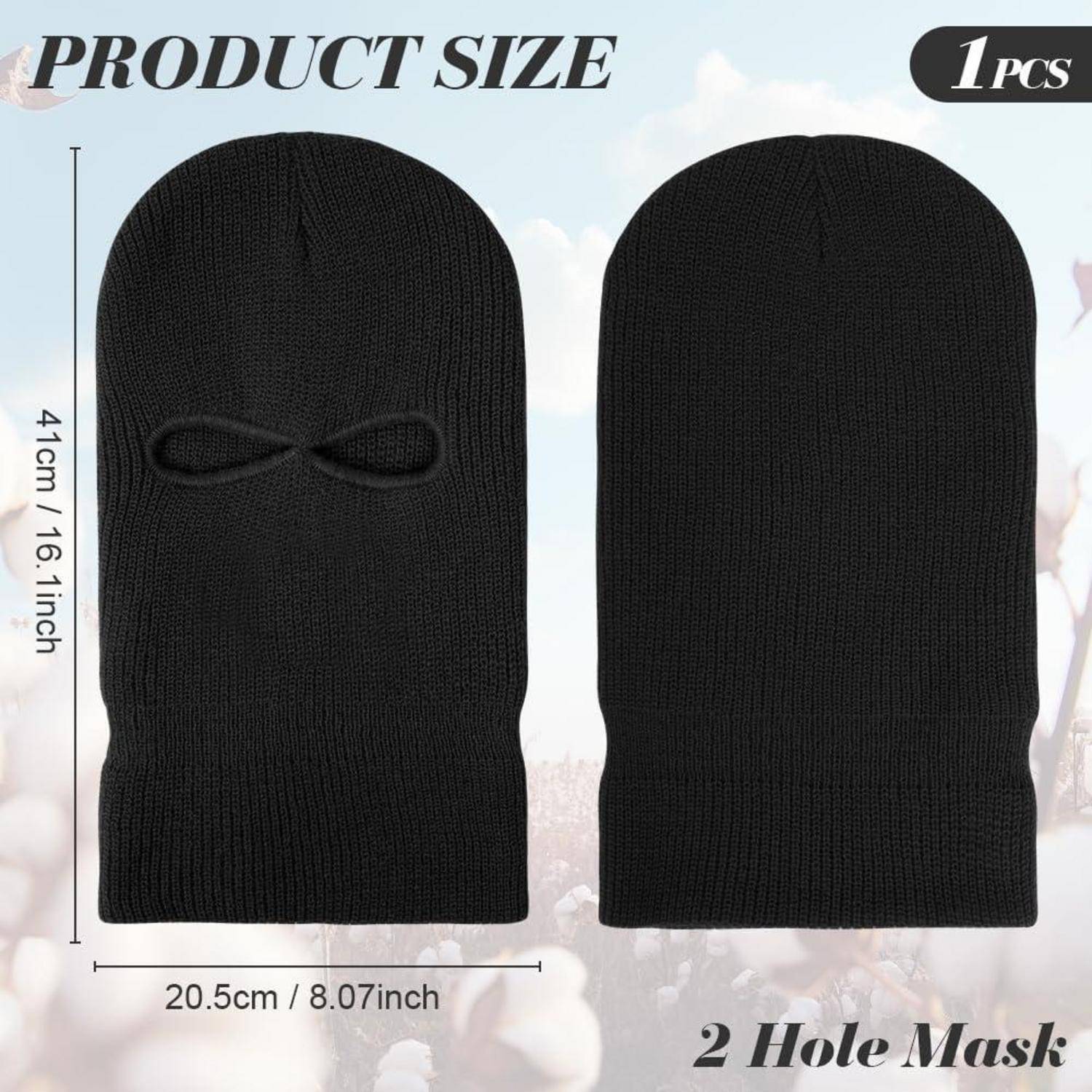 Größentabelle für schwarze Skimaske mit 2 Löchern, die Vorder- und Rückansicht zeigt; Abmessungen sind 41 cm hoch und 20,5 cm breit, gekennzeichnet mit „1 Stück