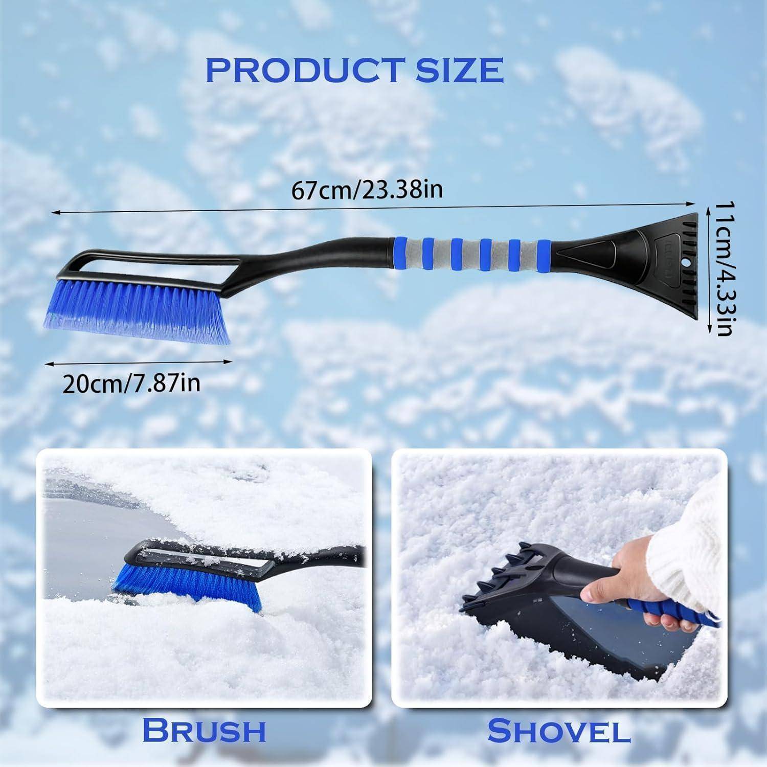Größendiagramm für eine Schneebürste und Eiskratzer-Kombination: 67 cm lang, 20 cm Bürstenkopf, 11 cm Schaufelbügel; dargestellt als Bürste und Schaufel im Einsatz.