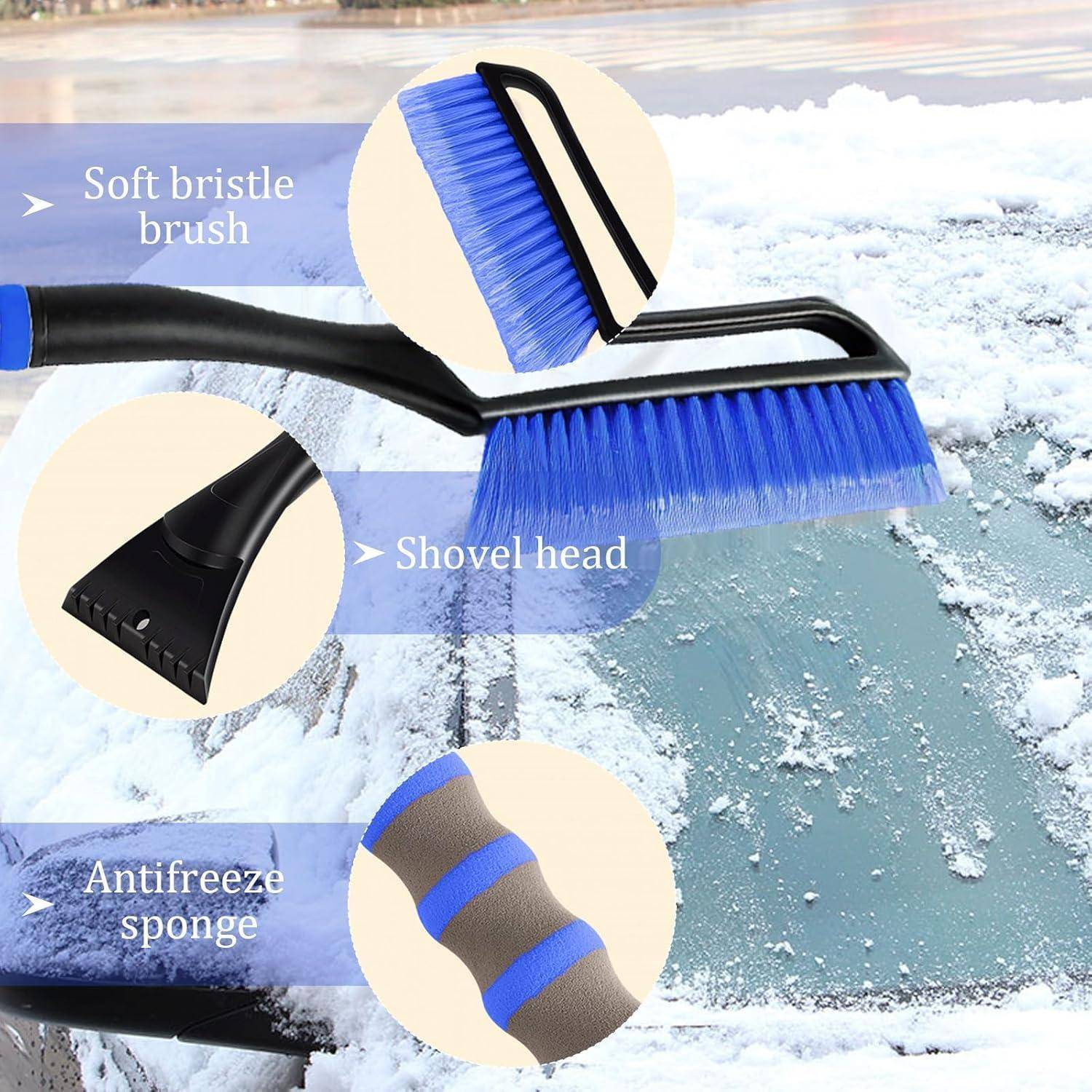 Illustration eines Eiskratzers mit beschrifteten Teilen: weiches Borstenbürste, Schaufelkopf und Frostschutzmittel-Schwamm, verwendet zum Entfernen von Reif von einer Autoscheibe.