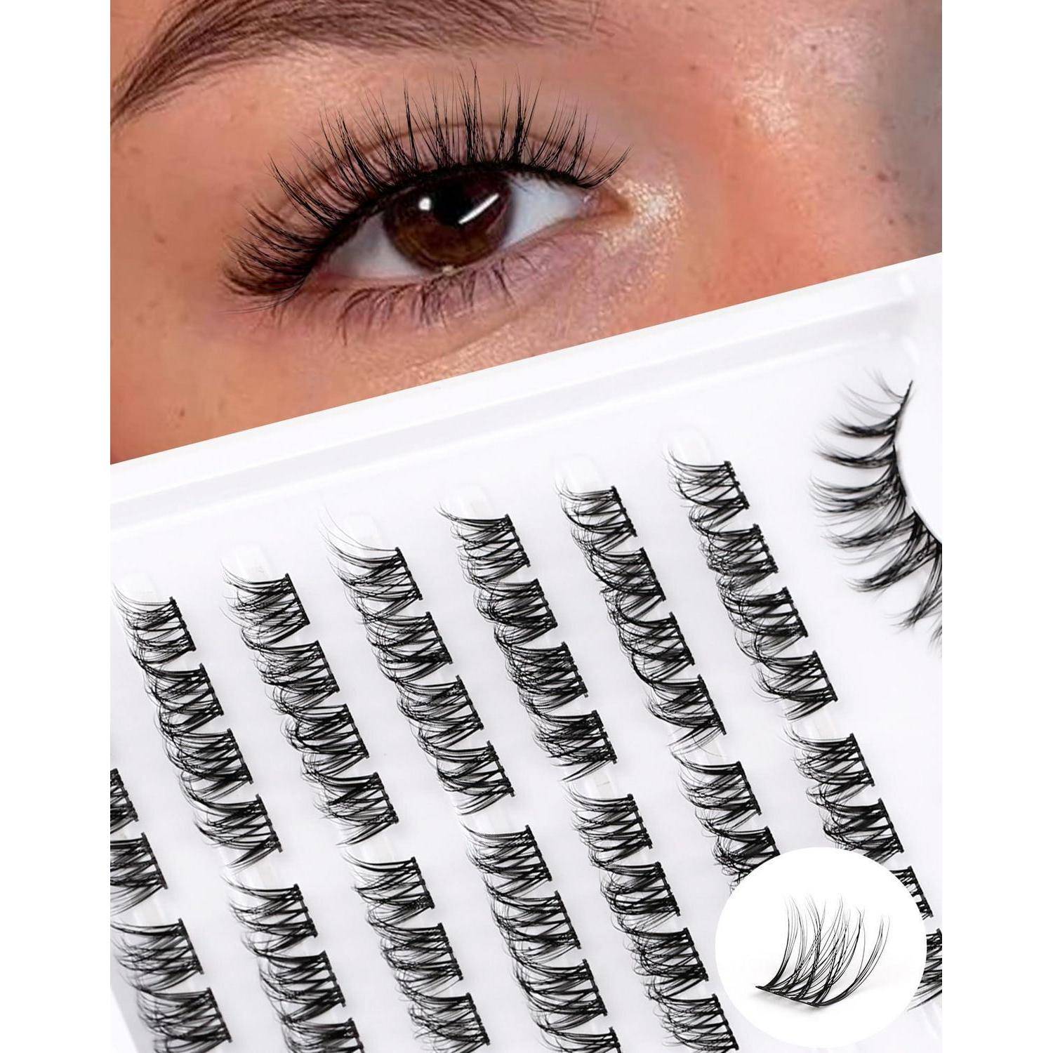Nahaufnahme eines Auges mit langen, geschwungenen Wimpern über einem Tablett mit falschem Wimpernstreifen, die in Reihen angeordnet sind.