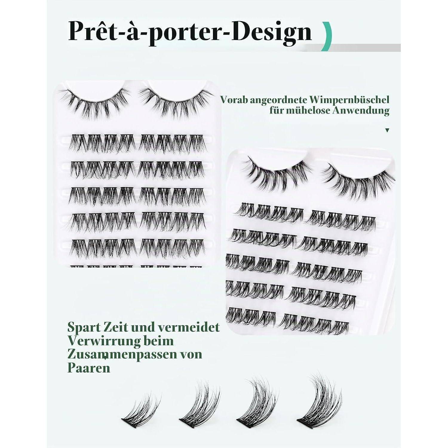 Wimpernverlängerungssatz mit vorab angeordneten gemischten Wimpern, gekennzeichnet als 'Prêt-à-porter-Design' und 'Vorab angeordnete Wimpernbüschel für mühelose Anwendung', gezeigt um Zeit zu sparen und Verwirrung zu vermeiden.