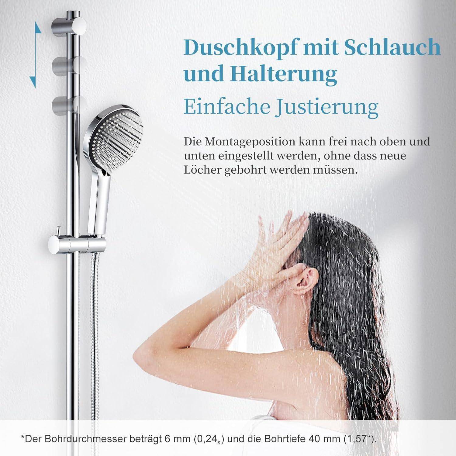 OFFO Duschstange mit Brause, Duschstange 100cm, Duschkopf mit Schlauch 1,6m, Verstellbarem Brausestangenset, Chrom 100cm Chrom