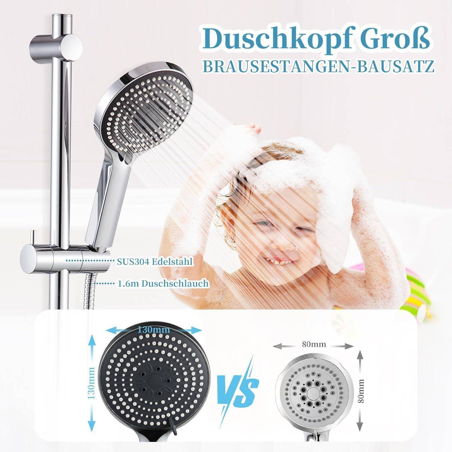 Großer Duschkopf-Schienensystem-Bausatz mit Handbrause und Schlauch; der deutsche Text liest sich als „Duschkopf Groß Brausestangen-Bausatz
