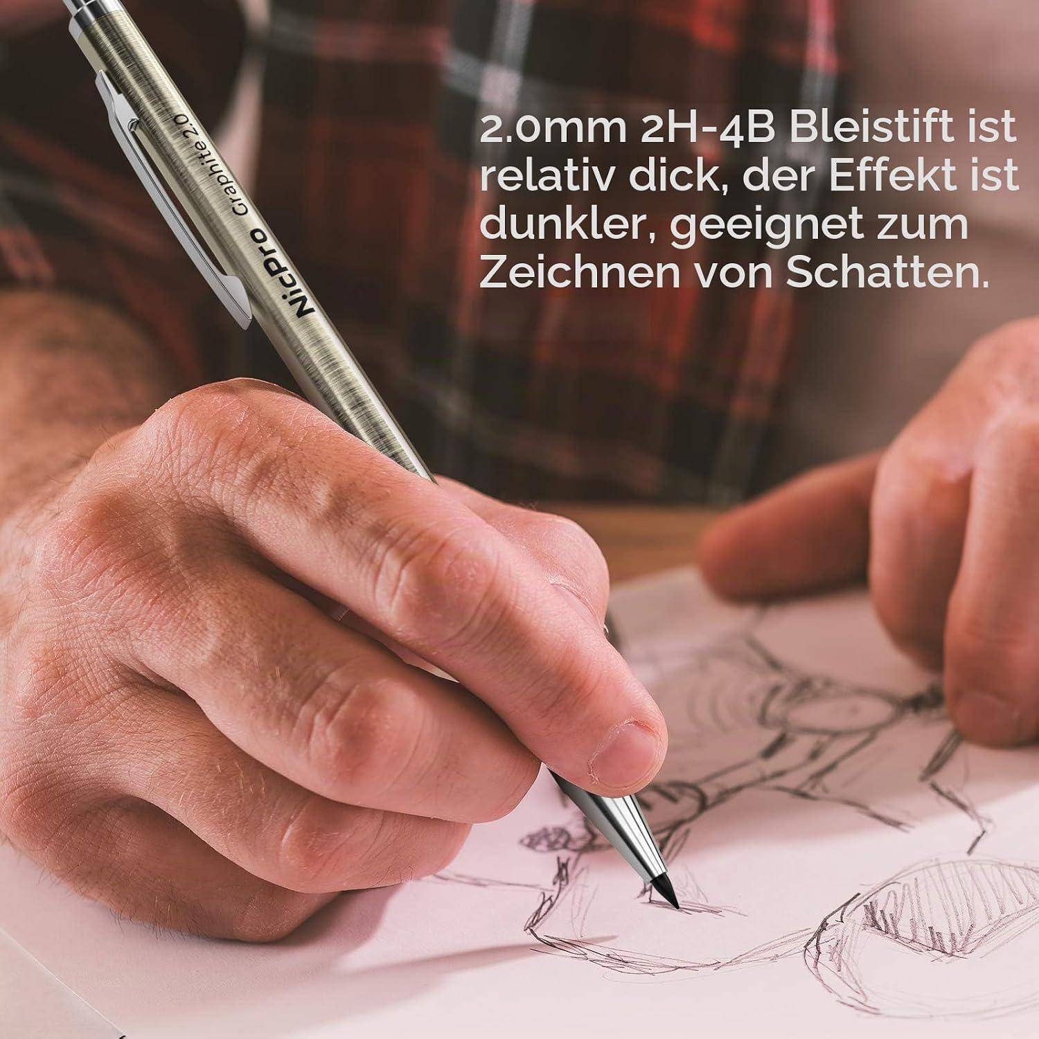 Eine Hand skizziert auf Papier mit einem 2,0-mm-Bleistift der Härte 2H-4B; deutscher Text besagt, dass die dunkle Mine zum Zeichnen von Schatten geeignet ist.
