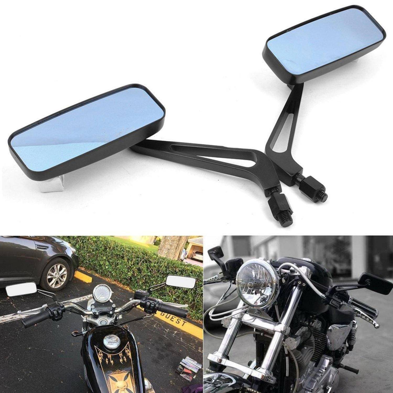 Schwarze Motorrad-Lenkerend-Rückspiegel mit blaugetöntem rechteckigem Glas, gezeigt in zwei Beispielfotos installiert auf einem Motorrad.