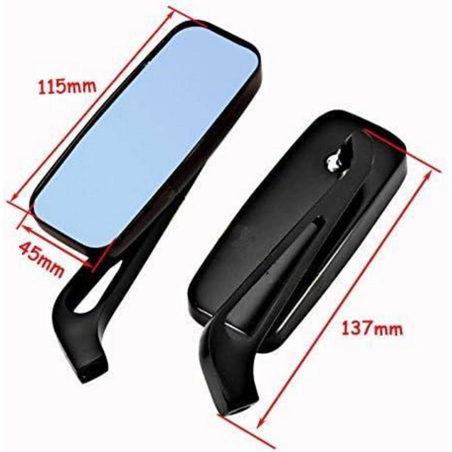 Schwarze Clip-On-Rückspiegel von vorne und hinten gezeigt, mit gekennzeichneten Abmessungen von 115 mm x 45 mm und 137 mm.