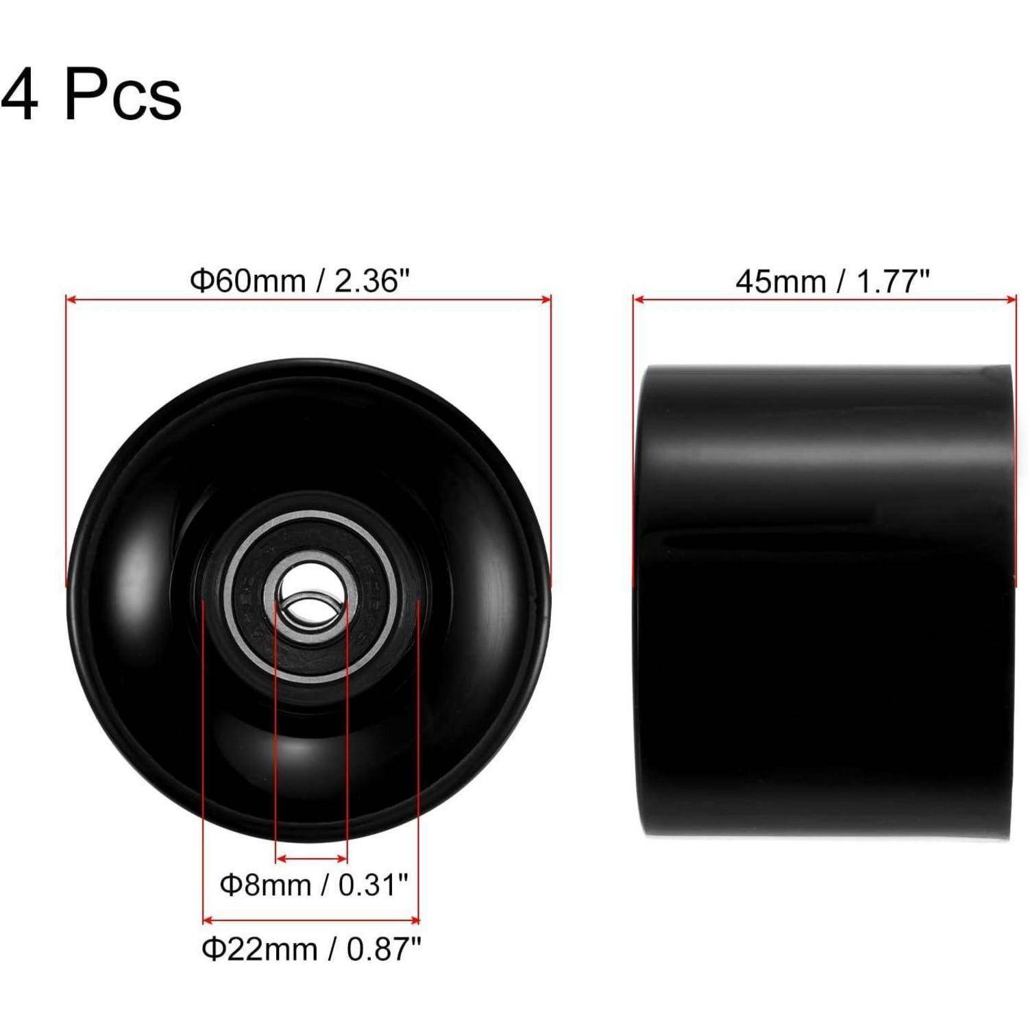 4 schwarze Radwalzen von vorne und von der Seite gezeigt, beschriftet mit „4 Stück"; Abmessungen: 60 mm Durchmesser, 45 mm Breite, mit 8 mm und 22 mm Mittenmessungen.