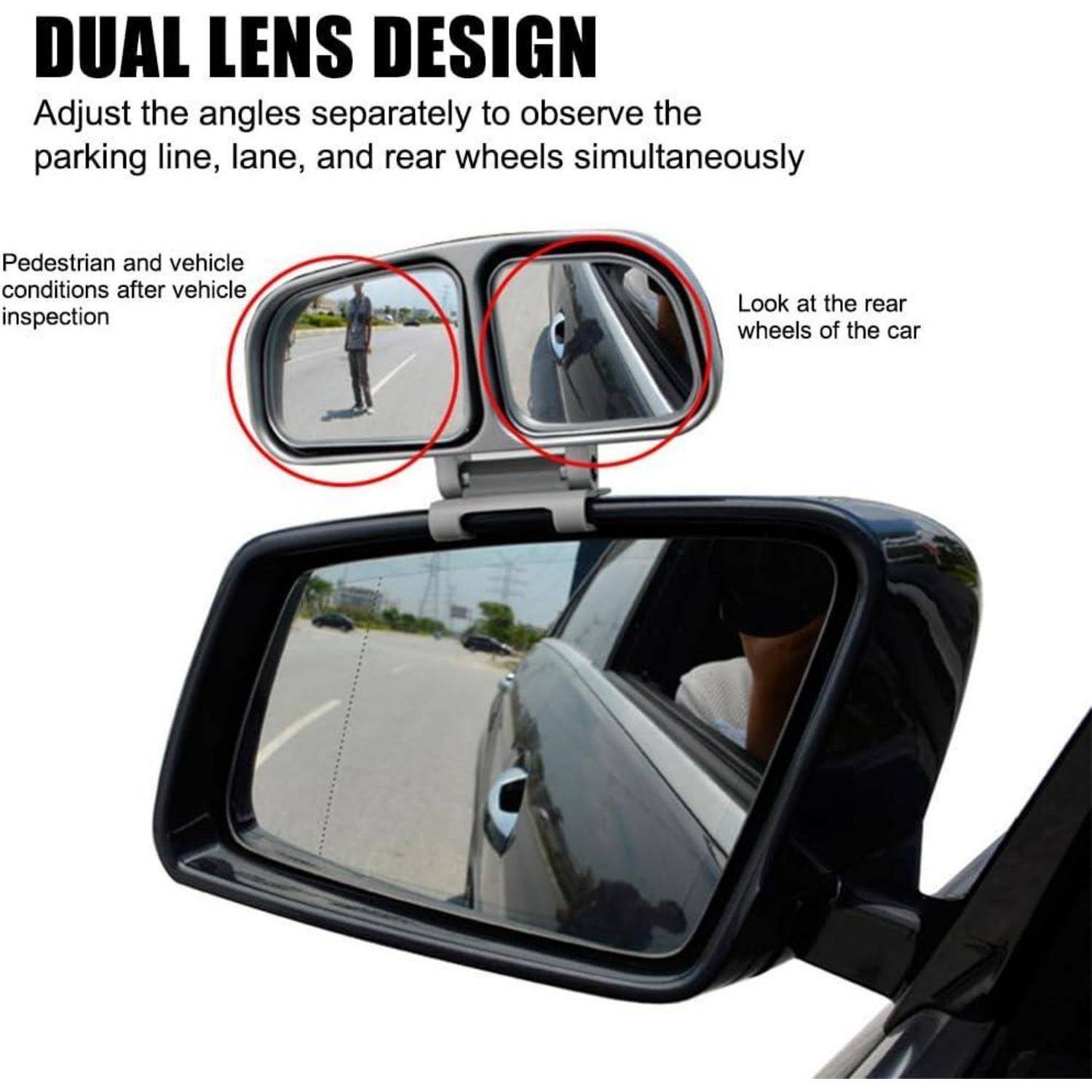 Dual-Lens-Autospiegeldiagramm mit einstellbaren linken und rechten Sichtfeldern für Parklinien, Fußgänger und hintere Räder gleichzeitig.