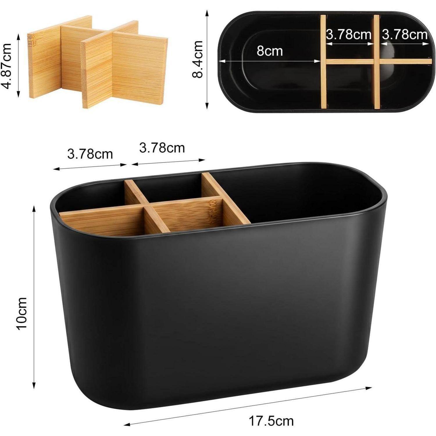Schwarzer ovaler Schreibtischorganizer mit Bambusteilern; Abmessungen wie gezeigt: 17,5 cm lang, 10 cm hoch, Fächer etwa 3,78 cm breit und 8 cm tief.
