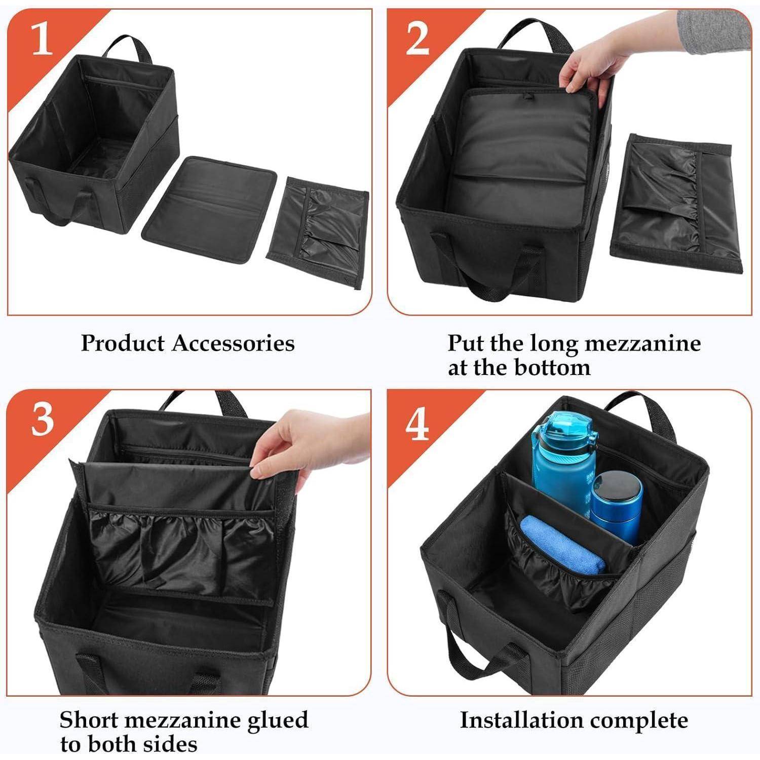 Vierteiliges Anweisungsset für einen isolierten schwarzen Taschenorganizer: Bodenkissen einführen, langes Trennblatt hinzufügen, dann kurzes Trennblatt, zeigt das fertige Setup mit Flaschen im Inneren.