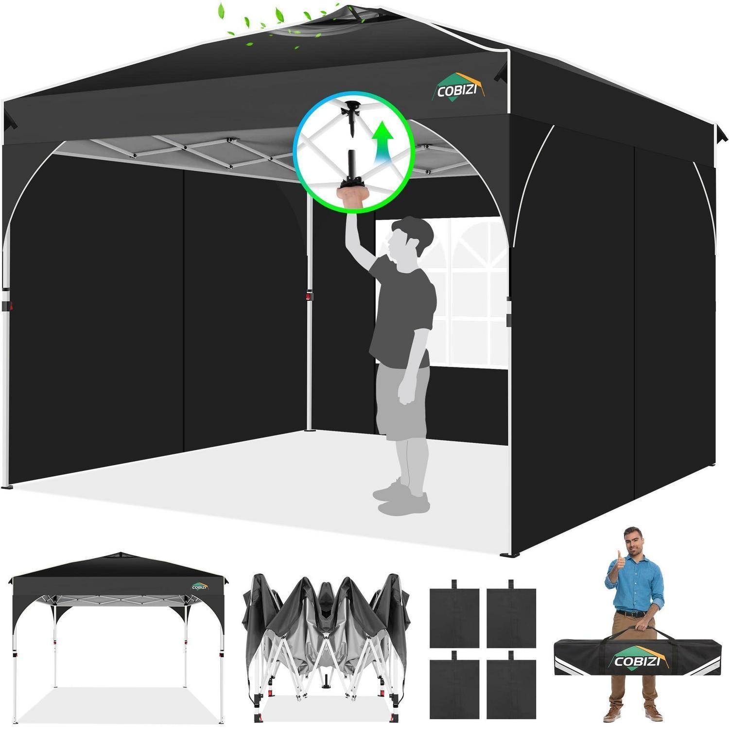 Schwarzes Pop-up-Pavillon-Zelt mit Seitenwänden in offener Position gezeigt, sowie kleinere Ansichten des gefalteten Gestells, der Pavillonpaneele und der Transporttasche.