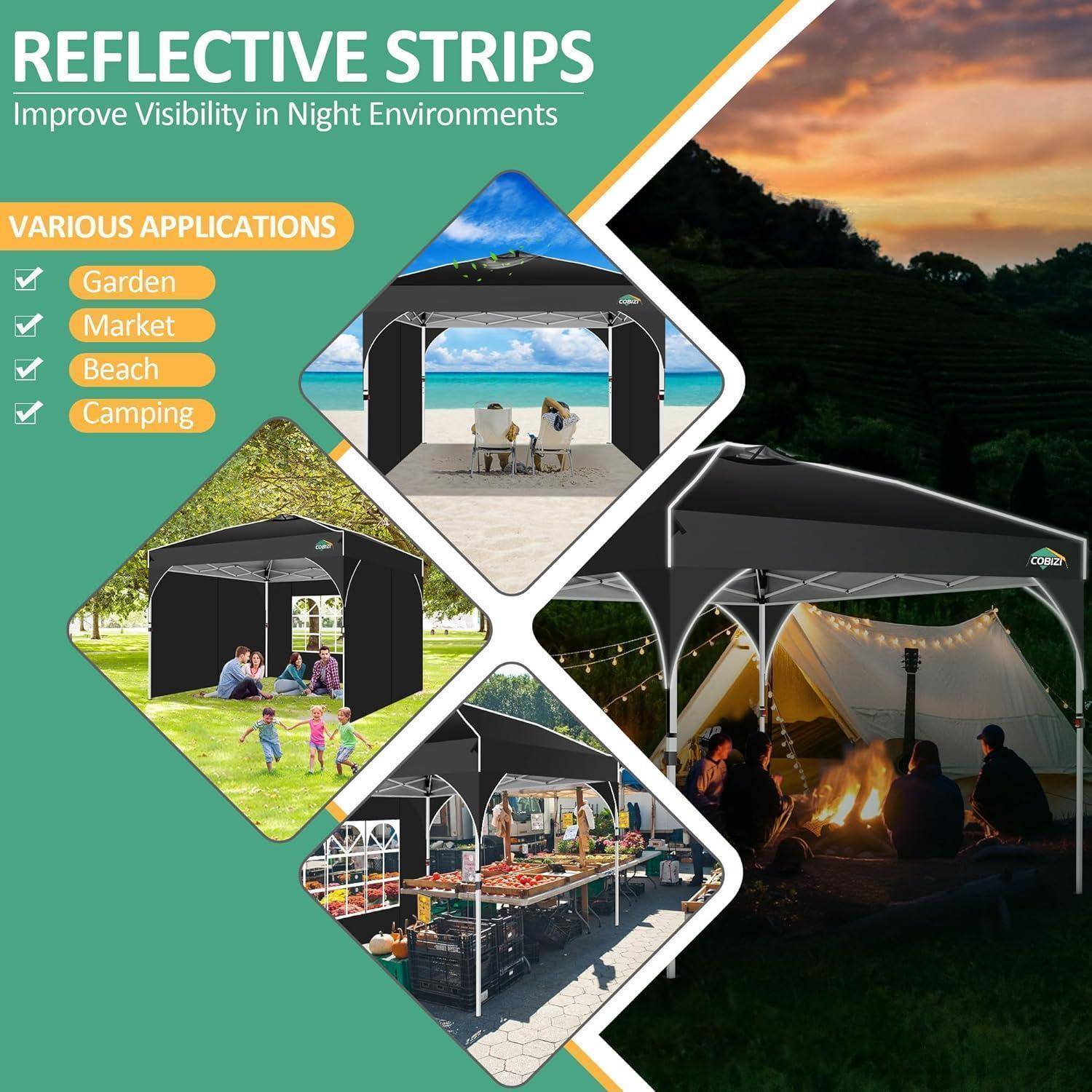 Werbegrafik für "Reflektionsstreifen"" mit Zelten und Markisen für Garten-, Markt-, Strand- und Campingsichtbarkeit in der Nacht.