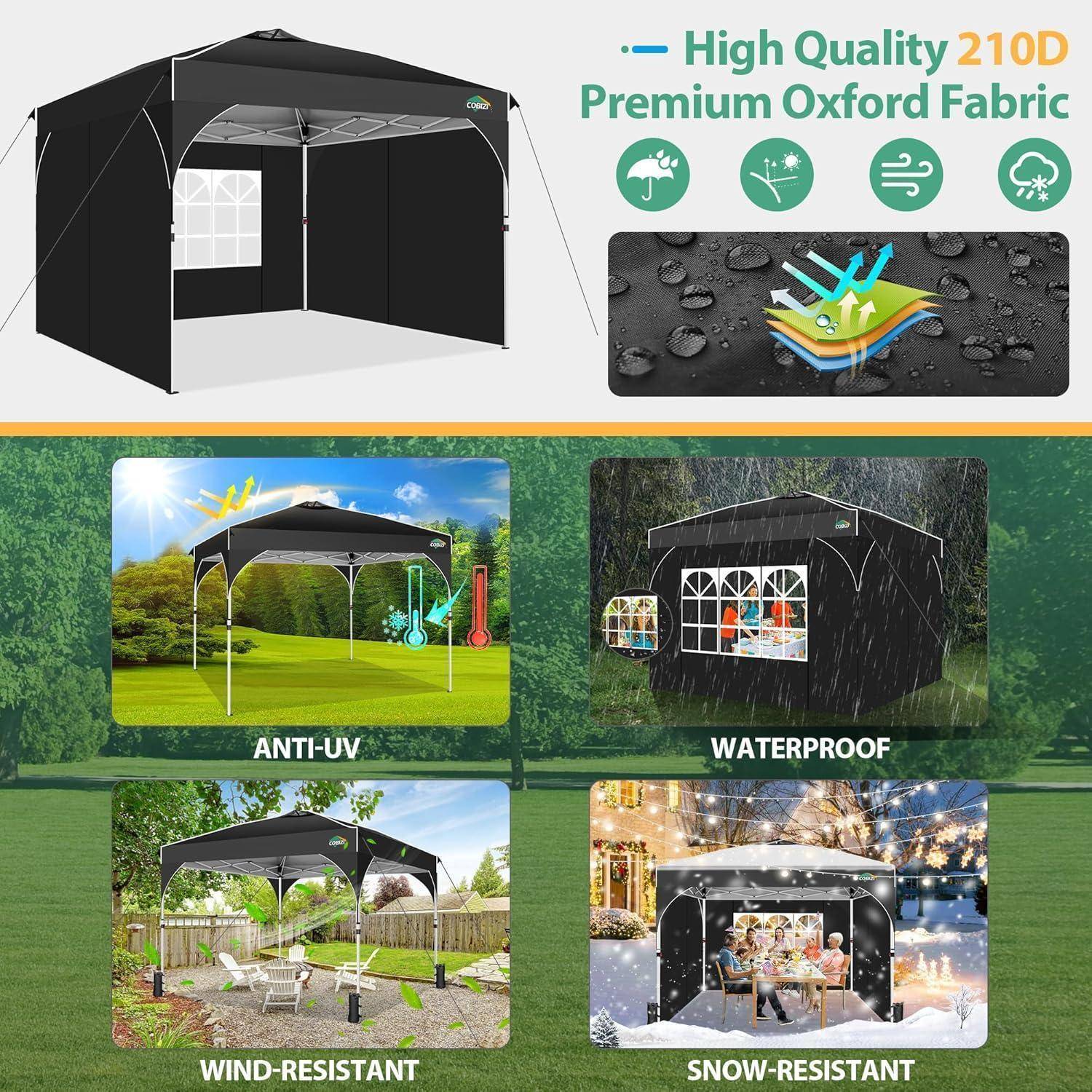 Werbegrafik eines schwarzen Pop-Up-Pavillons aus 210D Premium-Oxford-Stoff, der UV-Schutz, Wasserfestigkeit, Windbeständigkeit und Schneebeständigkeit hervorhebt.