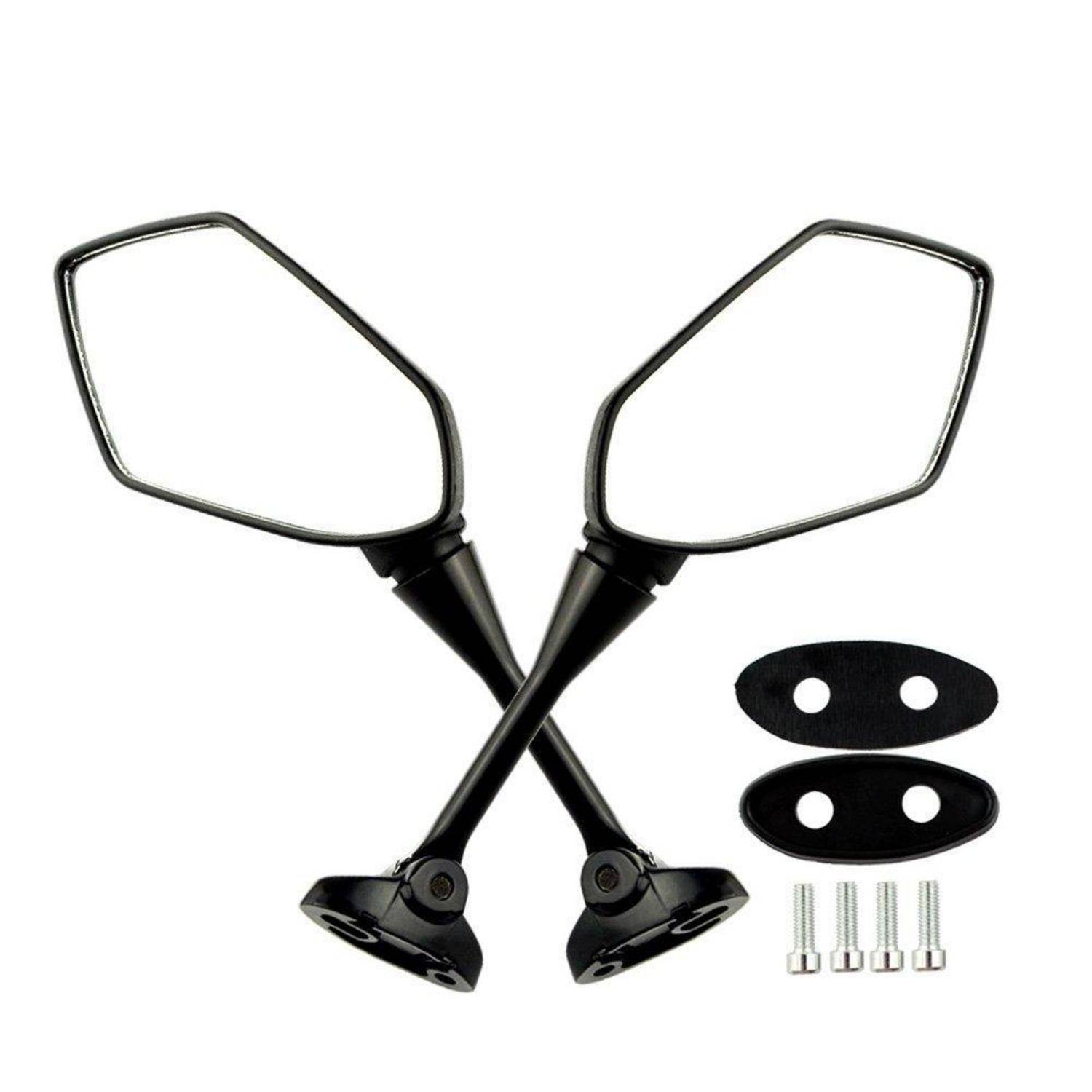 Paar schwarze Motorrad-Seitenspiegel mit Montageklammern, plus zwei ovale Adapterplatten und vier Schrauben auf weißem Hintergrund.
