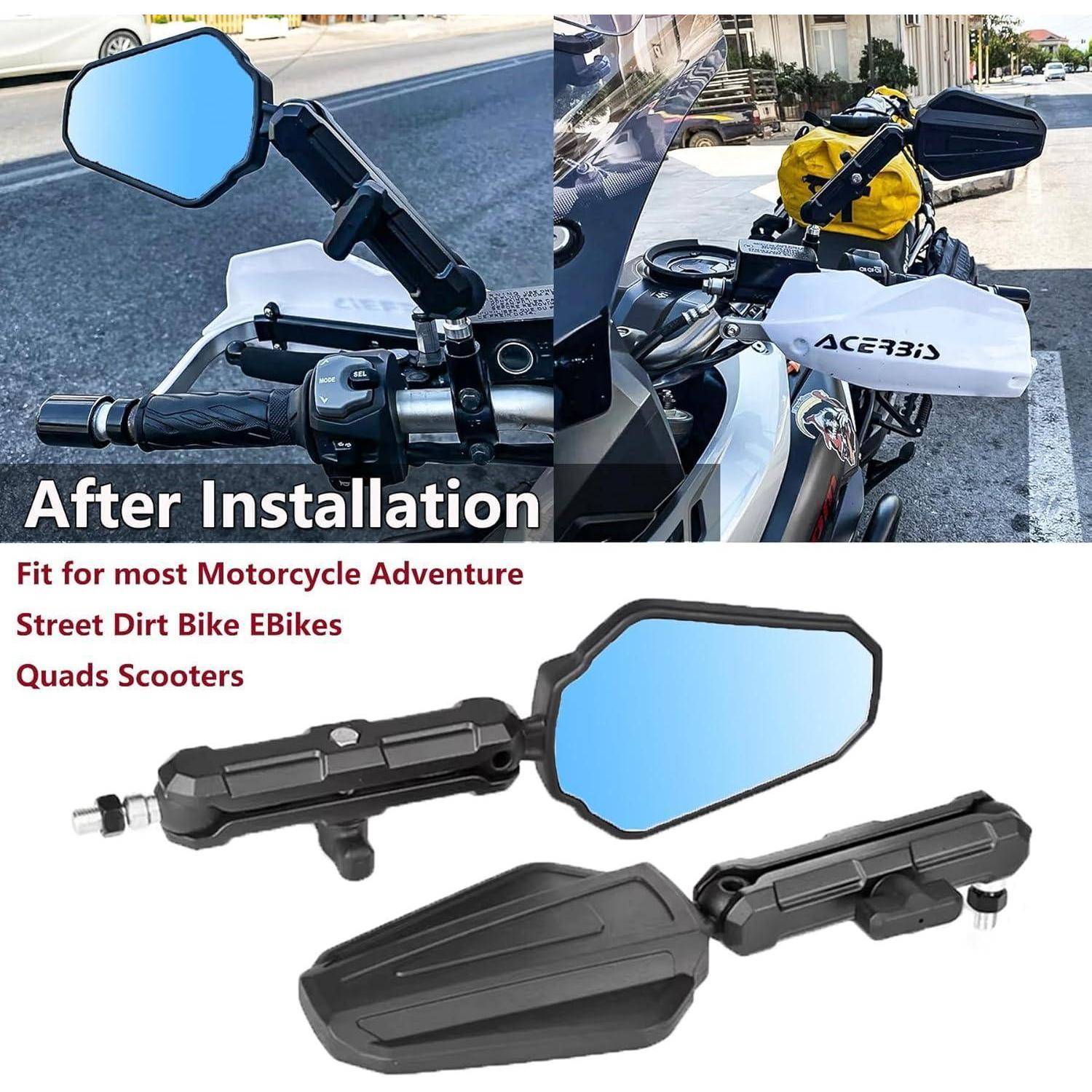 Werbebild eines schwarzen Motorrad-Lenkerspiegels und Handschutzes nach der Installation, mit Text, der die Eignung für Abenteuer-, Straßen-, Dirt-Bikes, E-Bikes, Quads und Roller bewirbt.