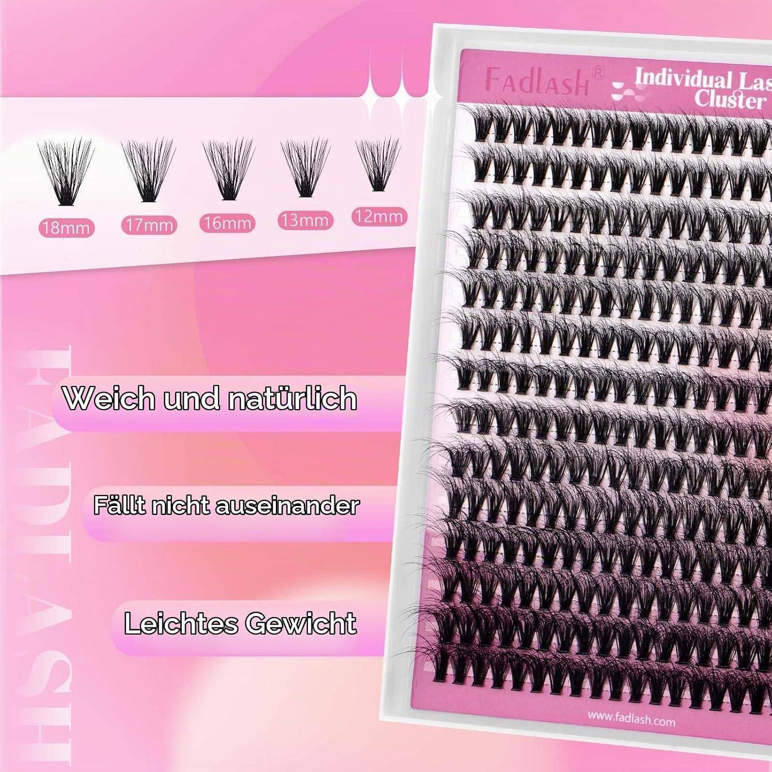 Rosa Produktanzeige für einzelne Wimpernbüschel in 12mm bis 18mm Längen, mit Wimpernmustern und einem Tablett mit der Bezeichnung 