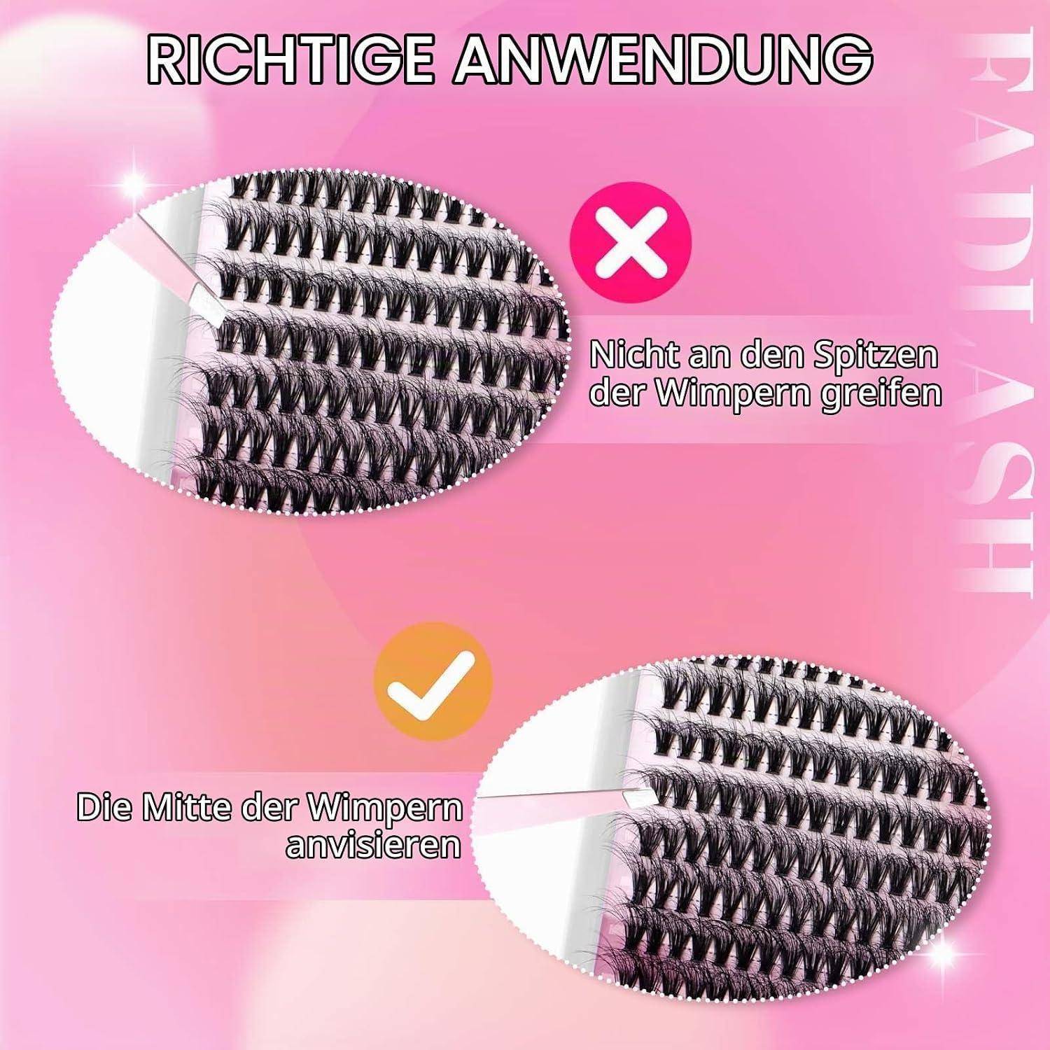 Pink instruction graphic titled 'RICHTIGE ANWENDUNG' showing false eyelashes: avoid gripping the tips ('Nicht an den Spitzen der Wimpern greifen') and instead aim for the middle ('Die Mitte der Wimpern anvisieren').