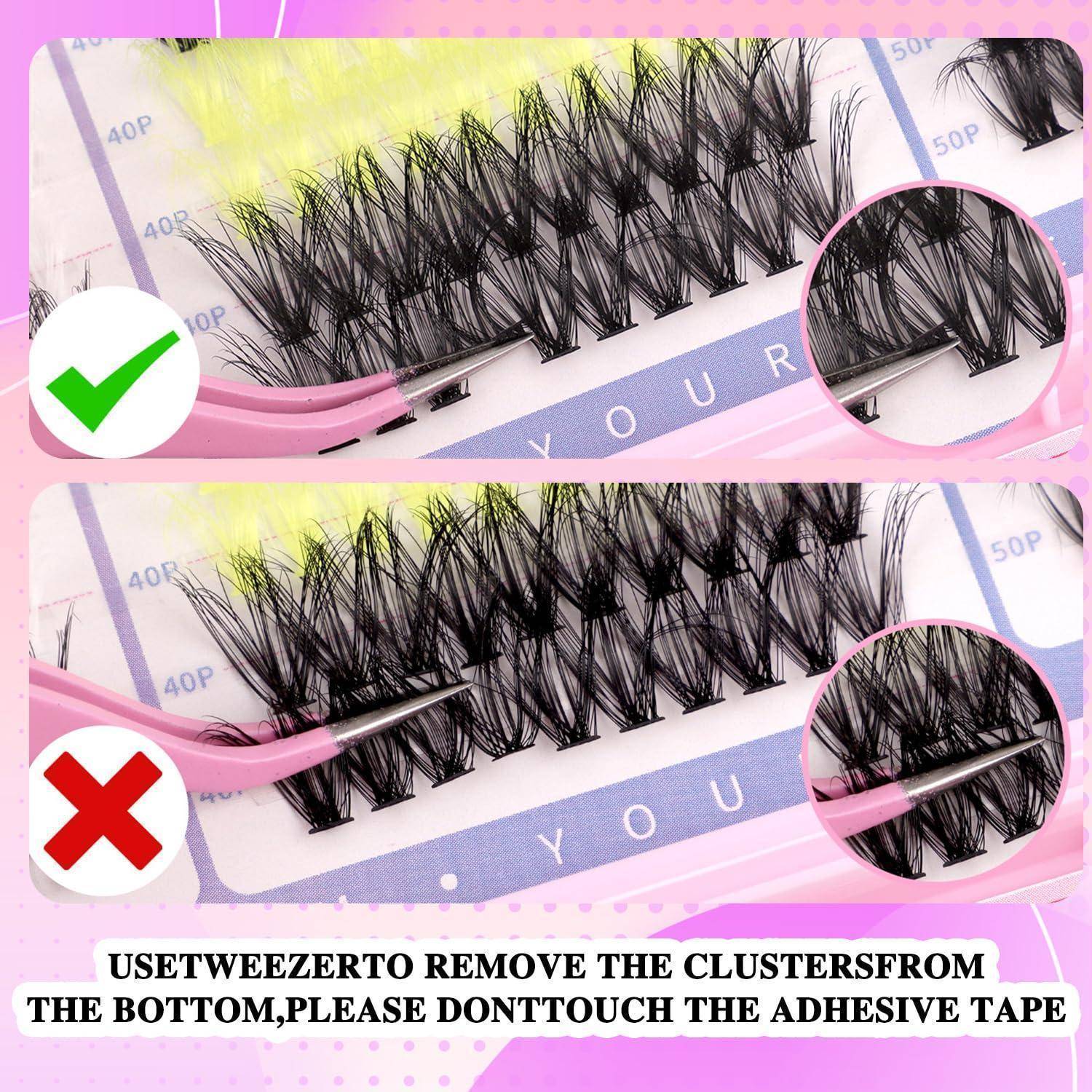 Vergleichsbild, das die Platzierung von Wimpernverlängerungspinzetten zeigt: oben mit grünem Haken hält das untere Klebeband unberührt; unten mit rotem X zeigt falschen Kontakt.