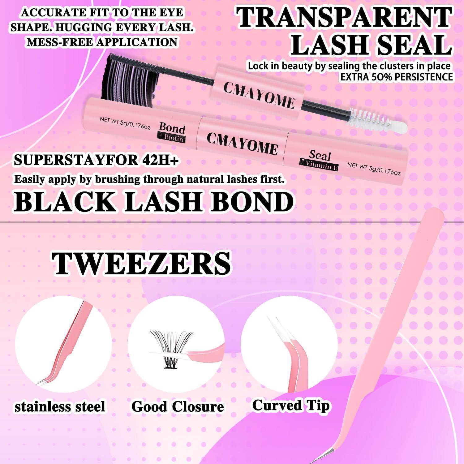 Rosa Anzeige für CAYOME-Wimpernprodukte mit Mascara-Bürstchen und Siegelbürste, schwarzem Wimpernbond, transparentem Wimpernsiegel und Pinzette mit Edelstahl, guter Verschlussqualität und gebogener Spitze.