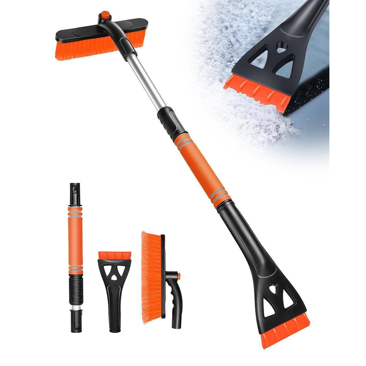 Teleskop-Schneebürste in Orange und Schwarz mit Eiskratzer, gezeigt mit austauschbaren Bürsten- und Kratzköpfen zum Reinigen von Autofenstern und Schnee.