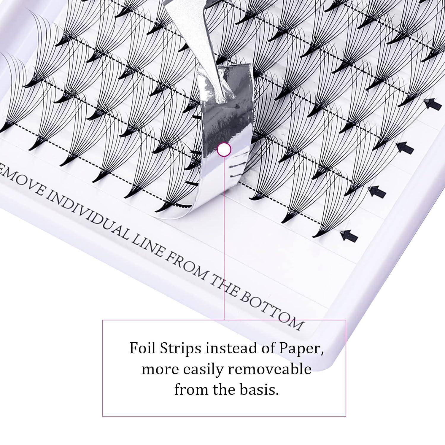 Nahaufnahme eines gekrümmten Wimpernstreifens mit Folienstreifen statt Papier, gekennzeichnet als leichter von der Basis zu entfernen.