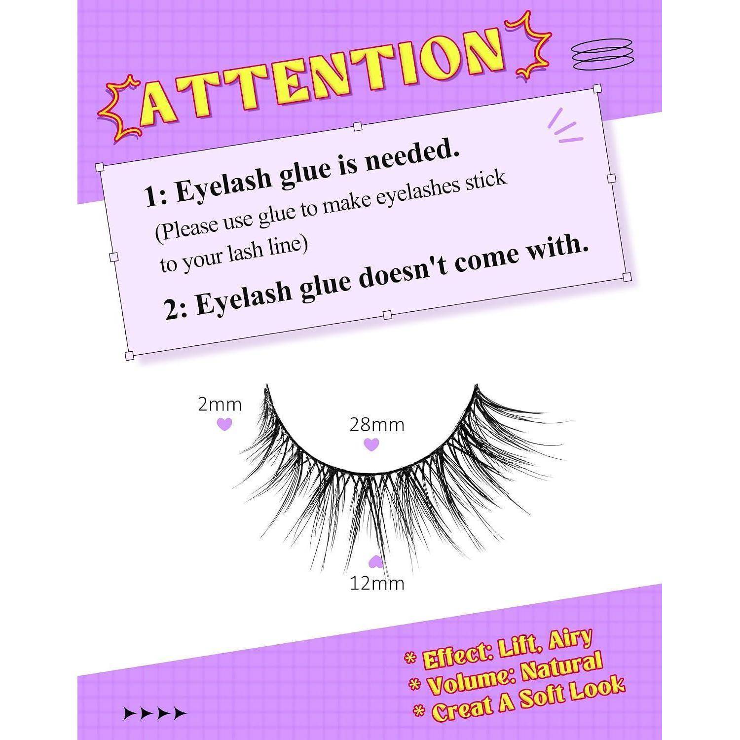 Grafische Warnung, dass Wimpernkleber erforderlich ist und nicht enthalten, zeigt eine 28 mm lange künstliche Wimpern mit 2 mm und 12 mm Messungen; Effekt ist Lifting, luftiges Volumen, natürlicher weicher Look.