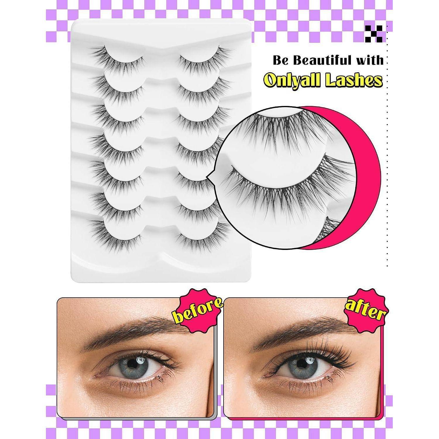 Anzeige für Onlyall Kunstwimpern mit mehreren Wimpernstreifen, einer Nahaufnahme von Wimperndetails und Vorher-Nachher-Fotos von Augen, die vollere Wimpern zeigen.