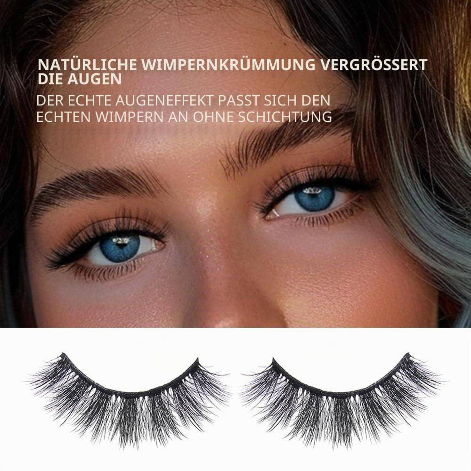 Nahaufnahme von blauen Augen mit deutschem Text über die natürliche Wimpernkräuselung, die die Augen vergrößert, darüber zwei Paar künstliche Wimpern auf weißem Hintergrund.