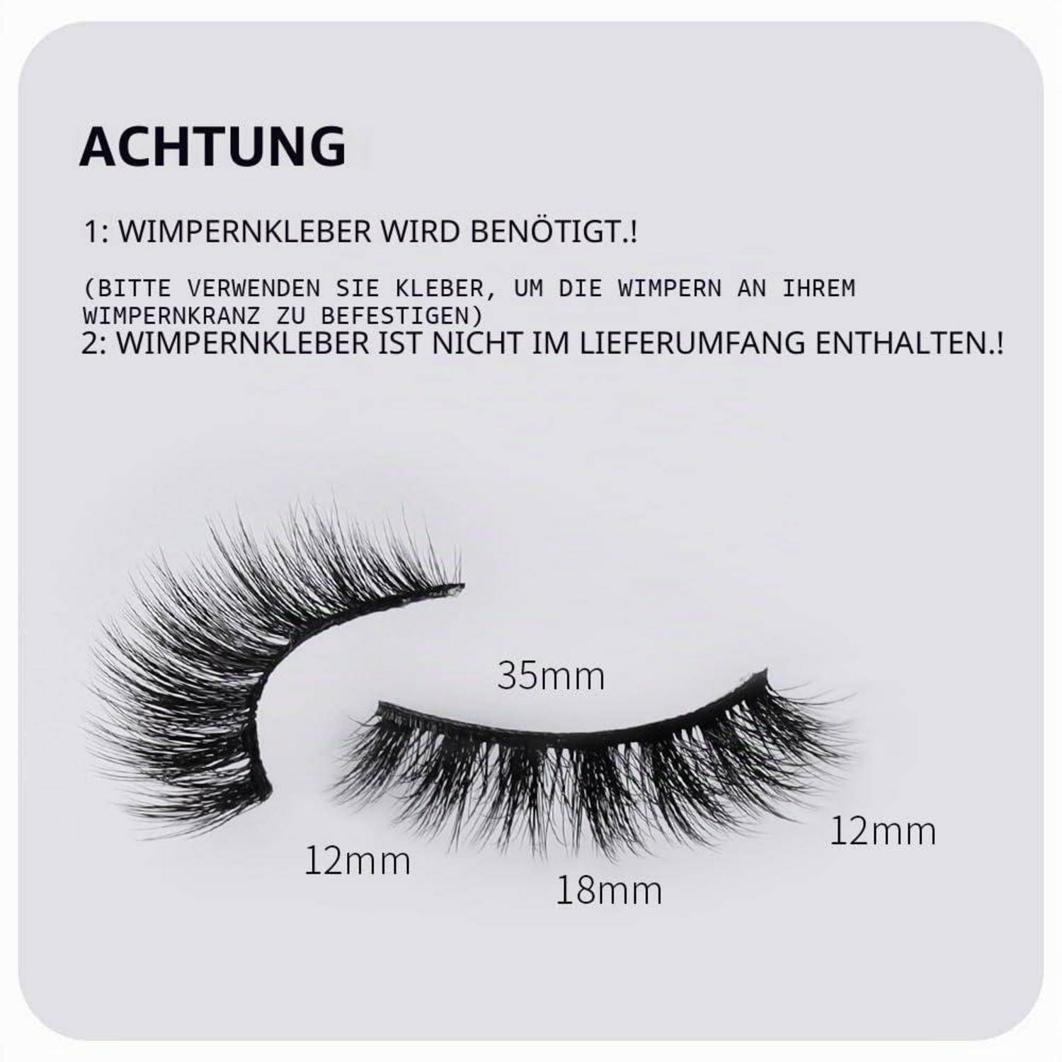 Warnung: Wimpernkleber ist erforderlich und nicht enthalten. Das Bild zeigt zwei künstliche Wimpern mit den Bezeichnungen 35mm, 18mm und 12mm.