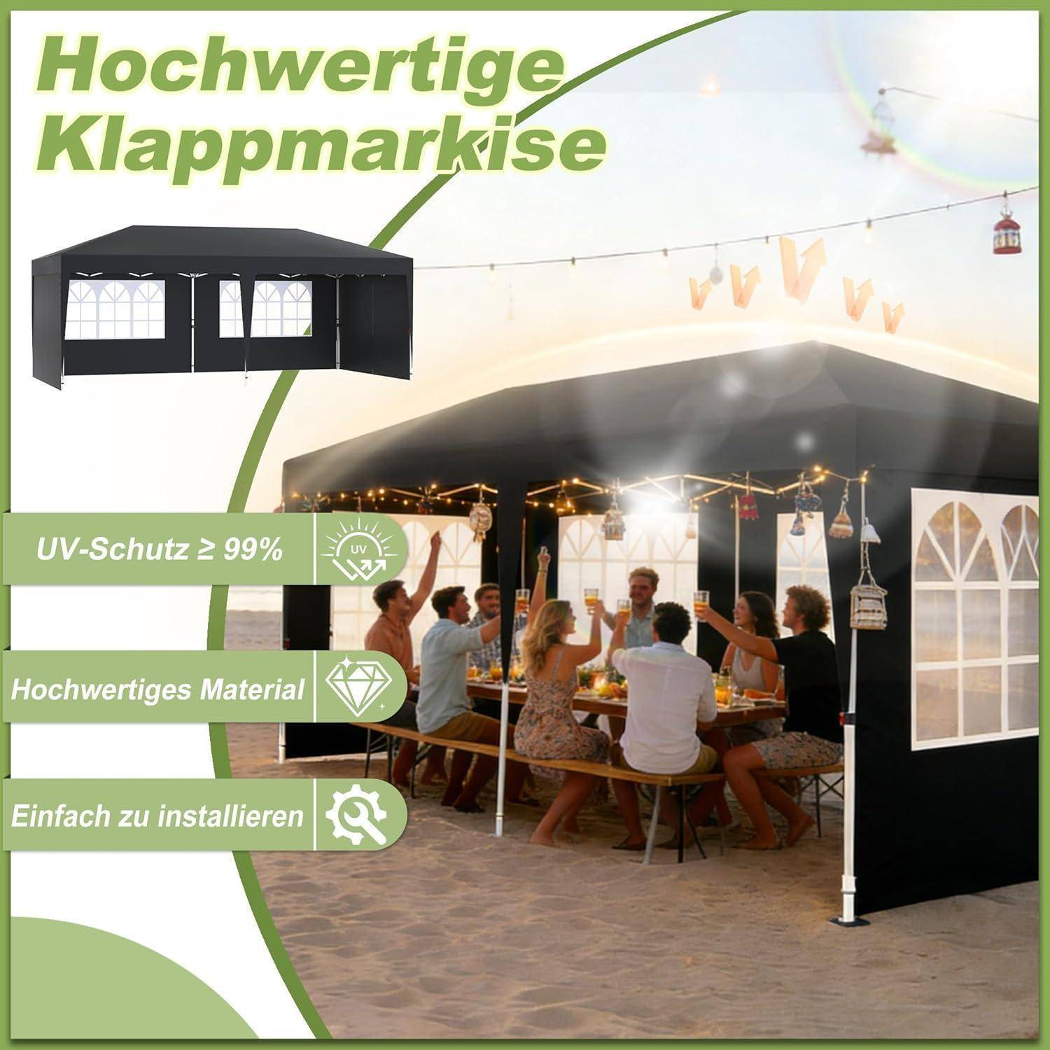 LZQ Faltpavillon 3x6m - Schnellaufbau Gartenpavillon Wasserdicht UV-Schutz 50+ - Höhenverstellbares Partyzelt Faltzelt mit 6 Seitenteilen für Garten
