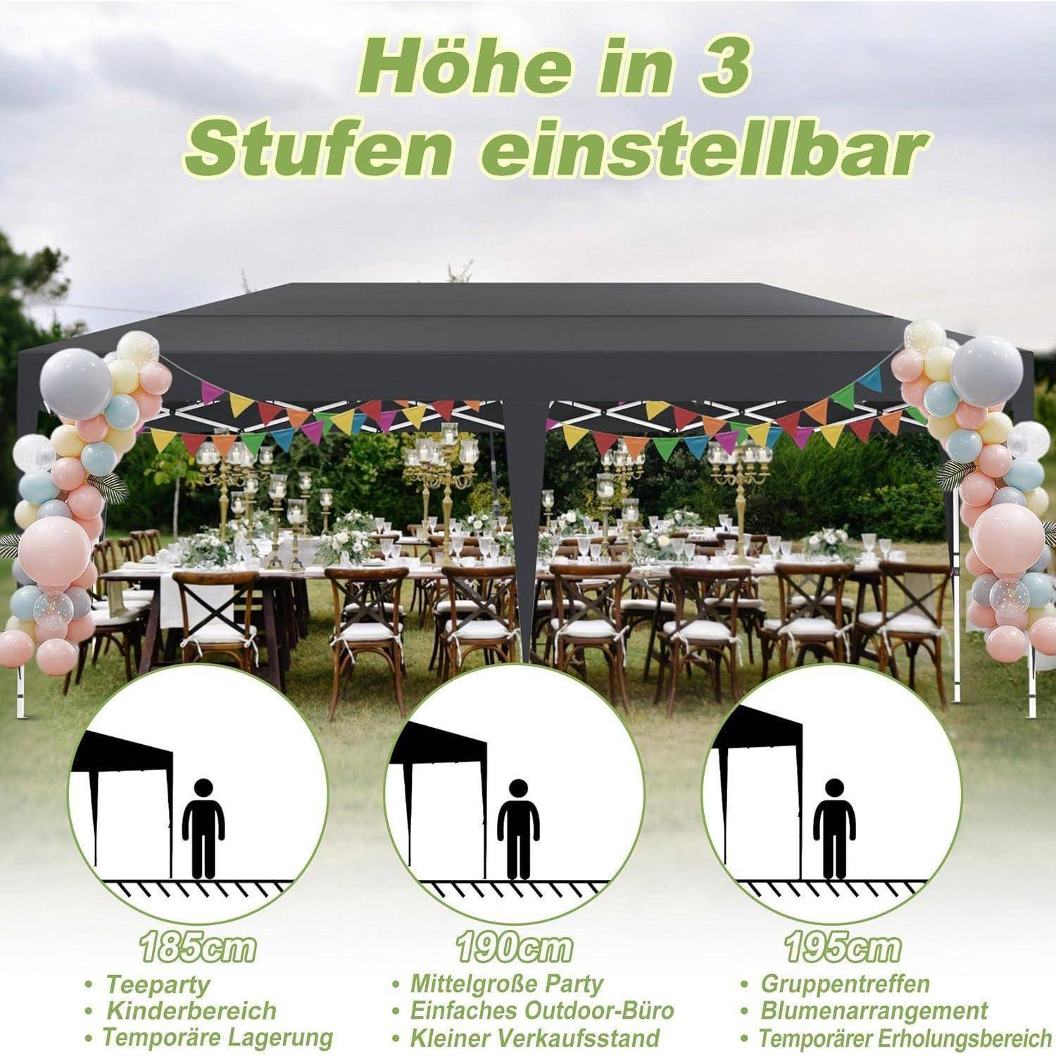 Werbeabbildung eines dunkelgrauen Pop-up-Pavillon-Zelts auf einer Gartenparty, gekennzeichnet mit „Höhe in 3 Stufen einstellbar" und zeigt drei verstellbare Höhen: 185 cm, 190 cm und 195 cm.