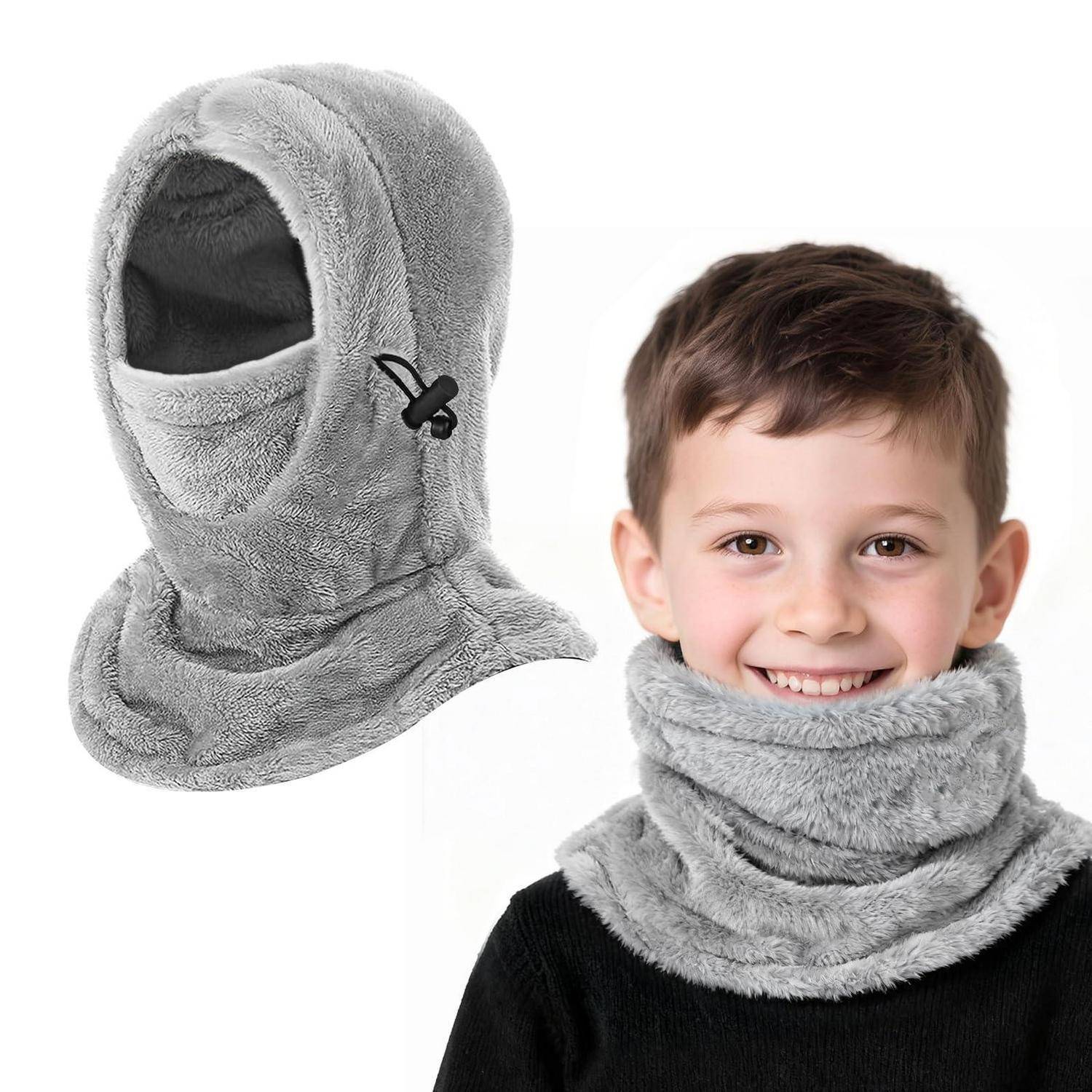 Graue Fleece-Kapuze und Nackenwärmer für ein Kind, gezeigt an einem Jungen und als eigenständiges Produkt auf weißem Hintergrund.