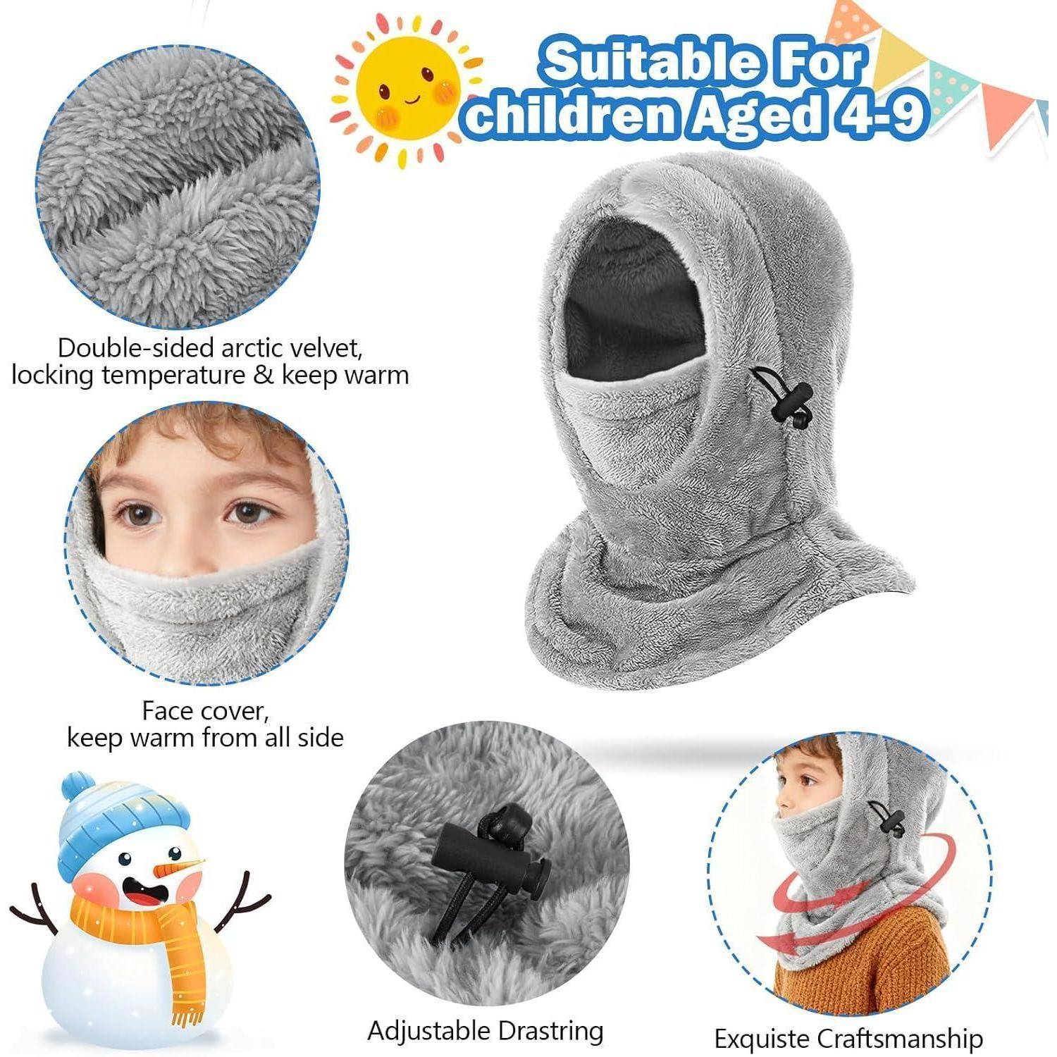 Produktbild einer grauen Fleece-Sturmhaube für Kinder im Alter von 4-9 Jahren, das Nahaufnahmen des weichen Stoffes, der Gesichtsabdeckung und der verstellbaren Kordelzug mit Text zeigt, der Wärme und Handwerkskunst hervorhebt.