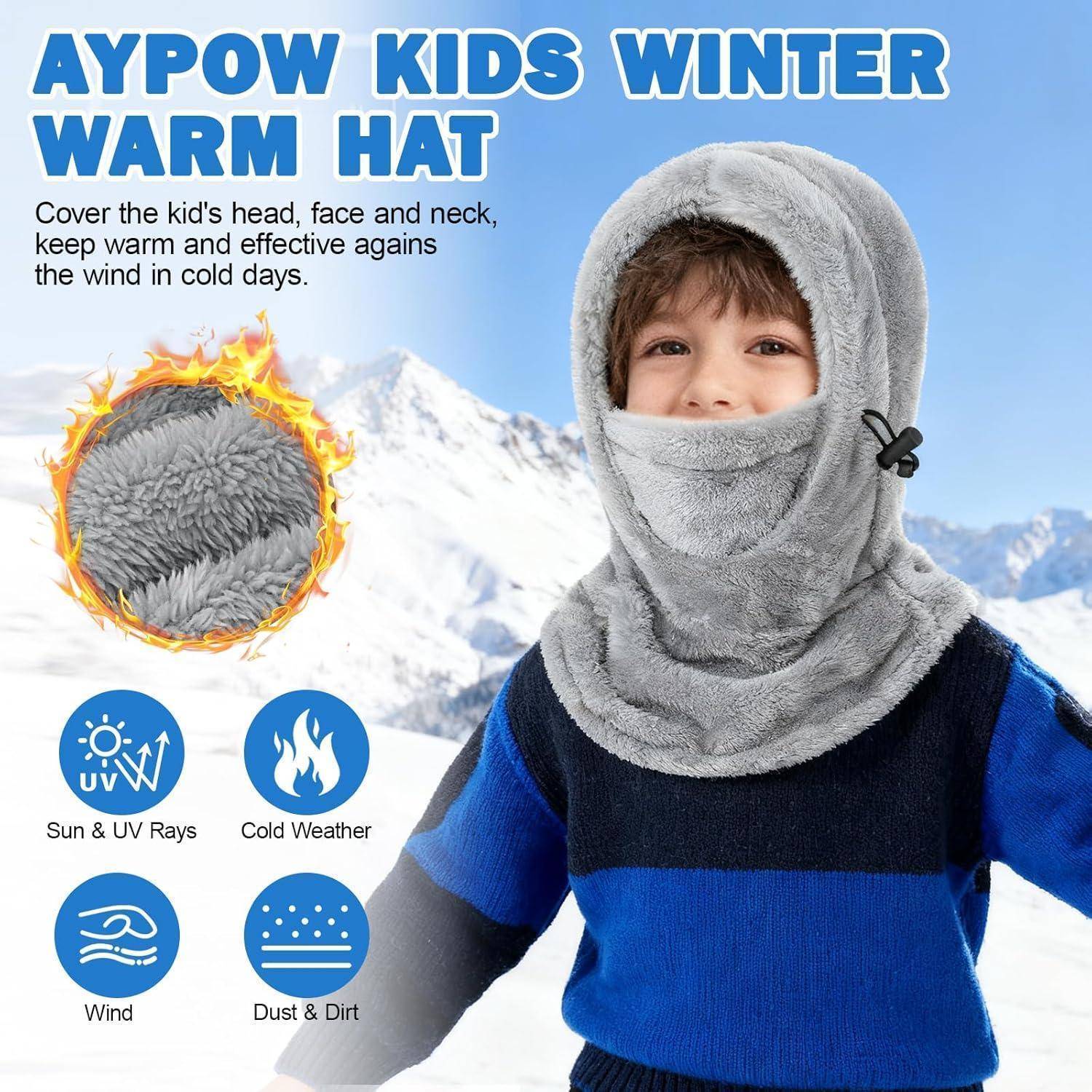 Anzeige für „Aypow Kinder Wintermütze mit Wärmeisolierung" zeigt ein Kind, das eine graue isolierte Gesichtsschutz-Mütze trägt, mit Hinweisen auf Sonne und UV-Strahlen, Kaltwetter, Wind sowie Schutz vor Staub und Schmutz.