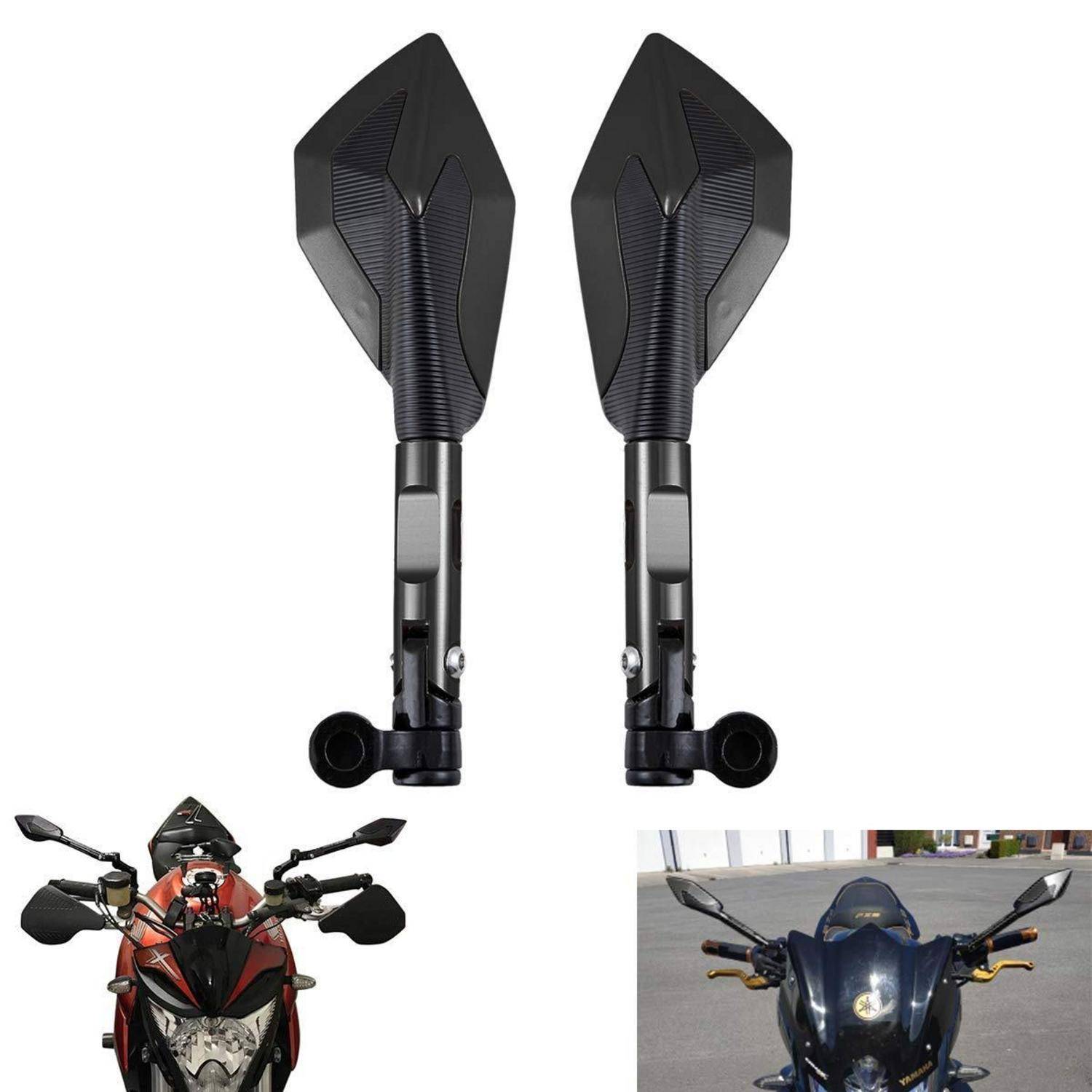 Paar schwarzer Motorrad-Lenkerarspiegel oben mit zwei Installationsbeispielen auf Sportmotorrädern dargestellt.