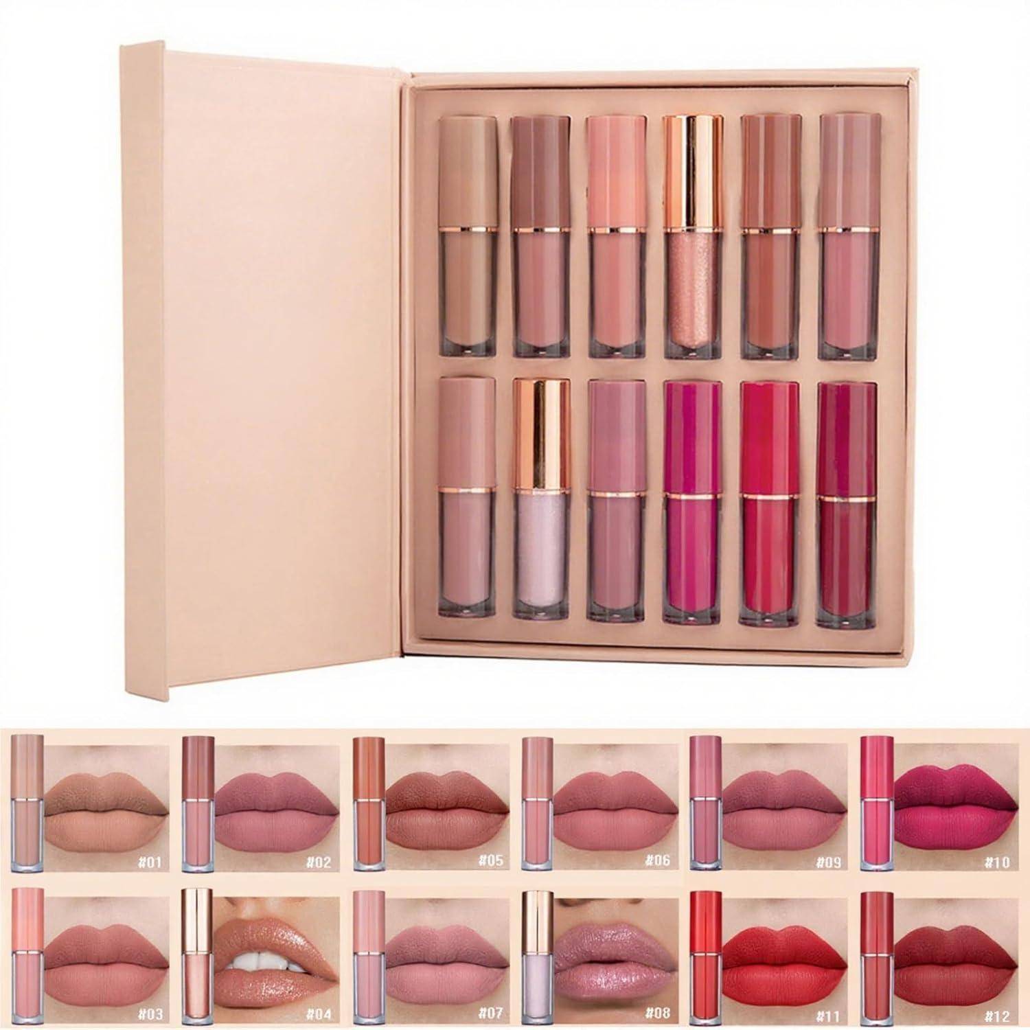 Offene Box mit einem 12er-Lippenstift-Set in neutralen bis leuchtend rosa Tönen, mit einer unteren Reihe von Farbmustern und Model-Lippen mit Nummern gekennzeichnet nach Farbton.
