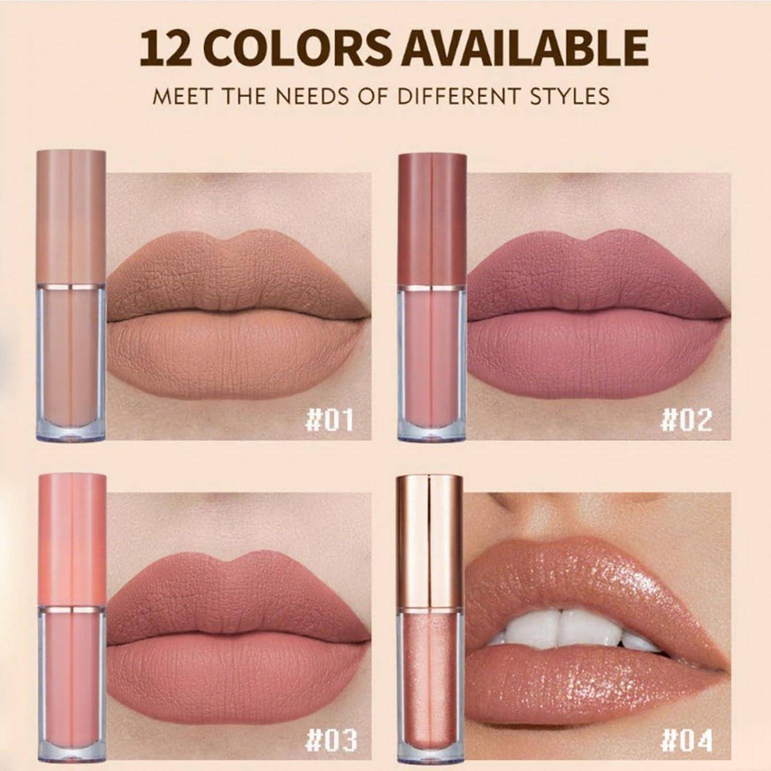 Werbebild für Lipgloss mit vier Farbtönen, beschriftet mit #01 bis #04, mit Text „12 FARBEN ERHÄLTLICH