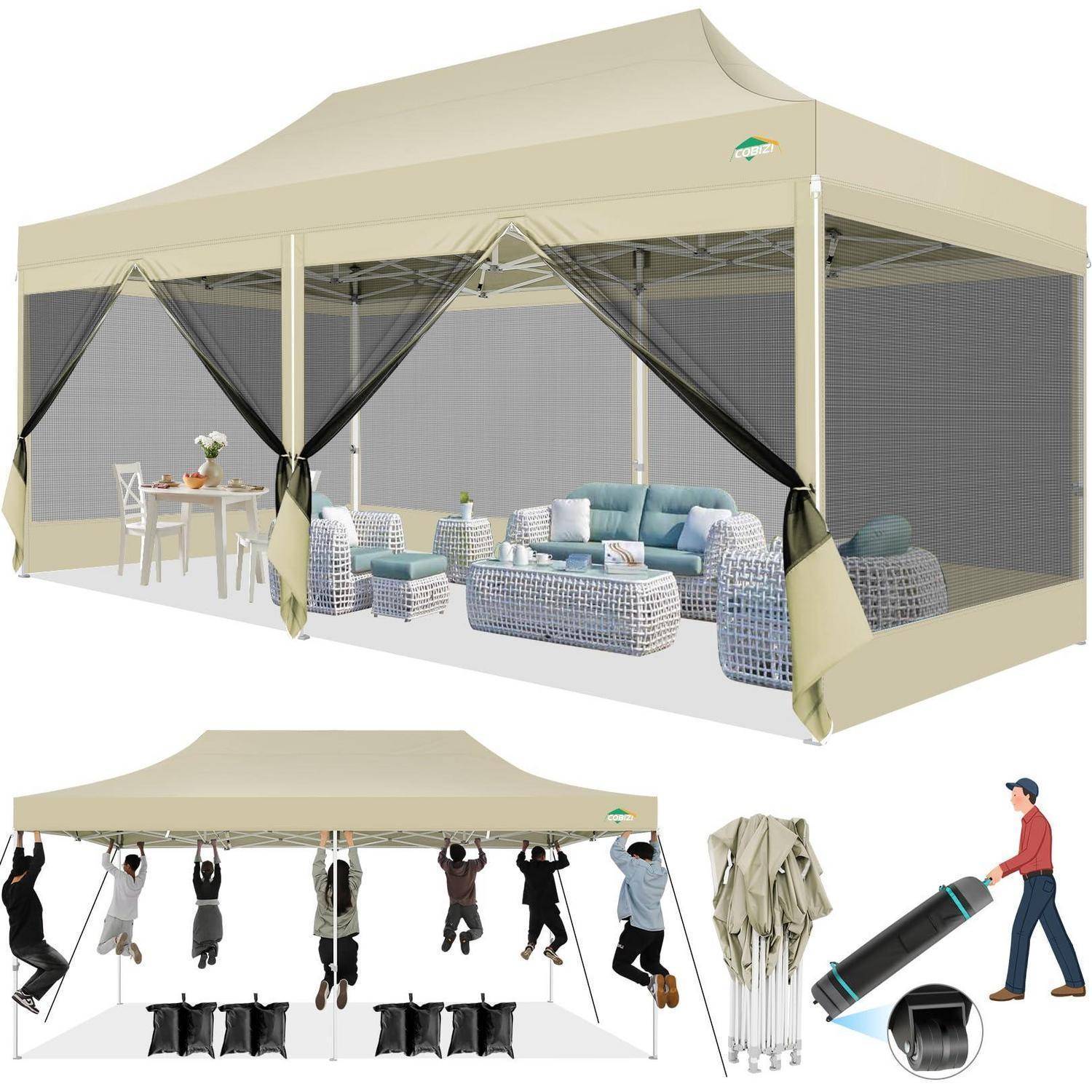 Beiges Outdoor-Pavillon-Zelt mit Maschennetzseitenwänden und Vorhängen, gezeigt mit aufgestelltem Patio-Möbel und zusammengeklappt zur Lagerung in einer Tragetasche.