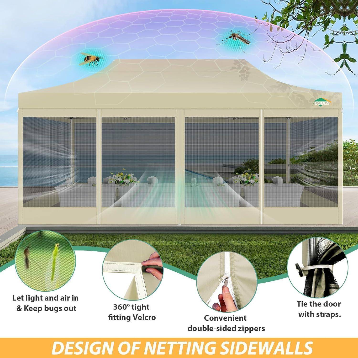 Illustration eines Zeltes mit Mesh-Seitenwänden und Insektenschutz, das zeigt, wie Licht und Luft hindurchdringen, während Insekten draußen bleiben; umfasst 360°-Klettverschluss, doppelseitige Reißverschlüsse und Türriemen.