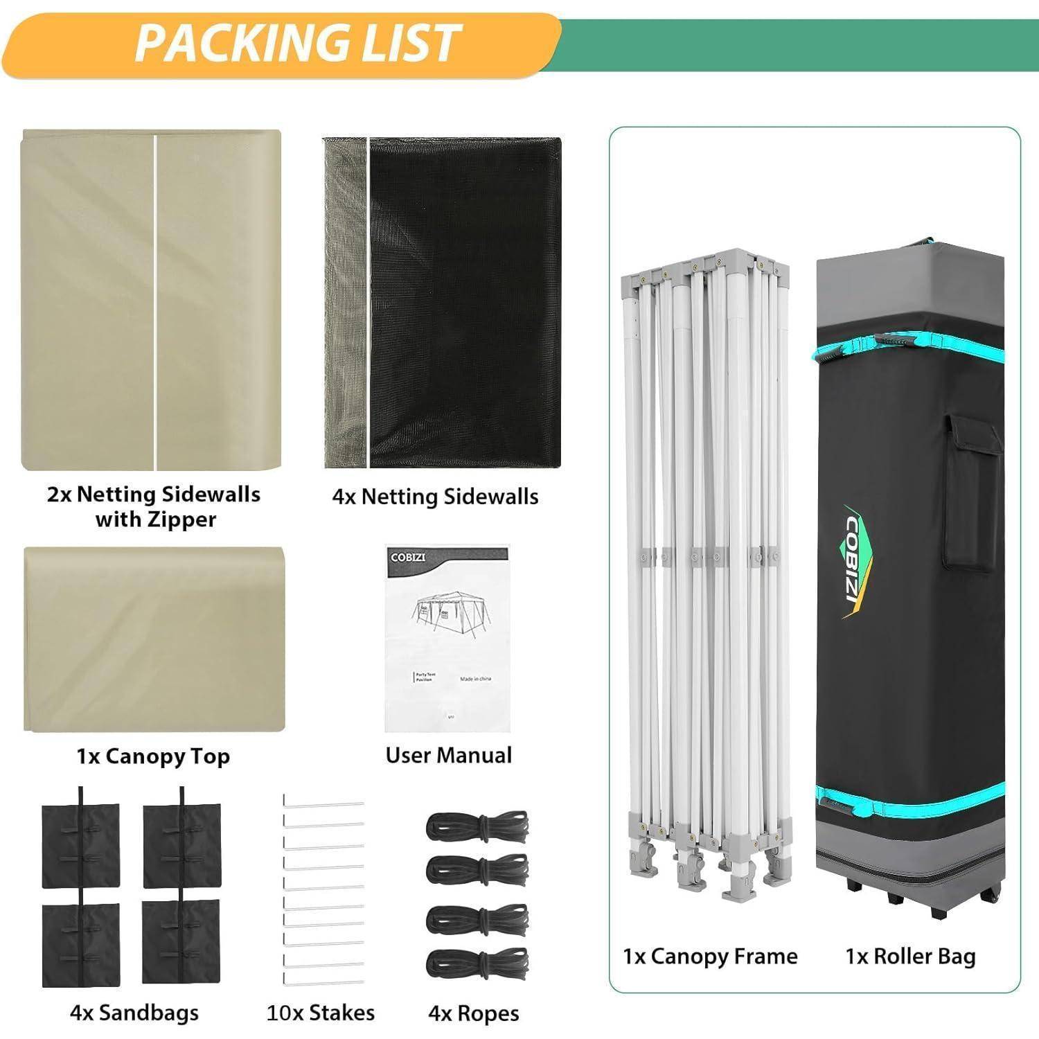 Packliste für ein Pavillon-Zelt: Netzwandseiten mit Reißverschluss, Pavillondach, Sandsäcke, Heringe, Seile, Benutzerhandbuch, Pavillongestell und Reisetasche.