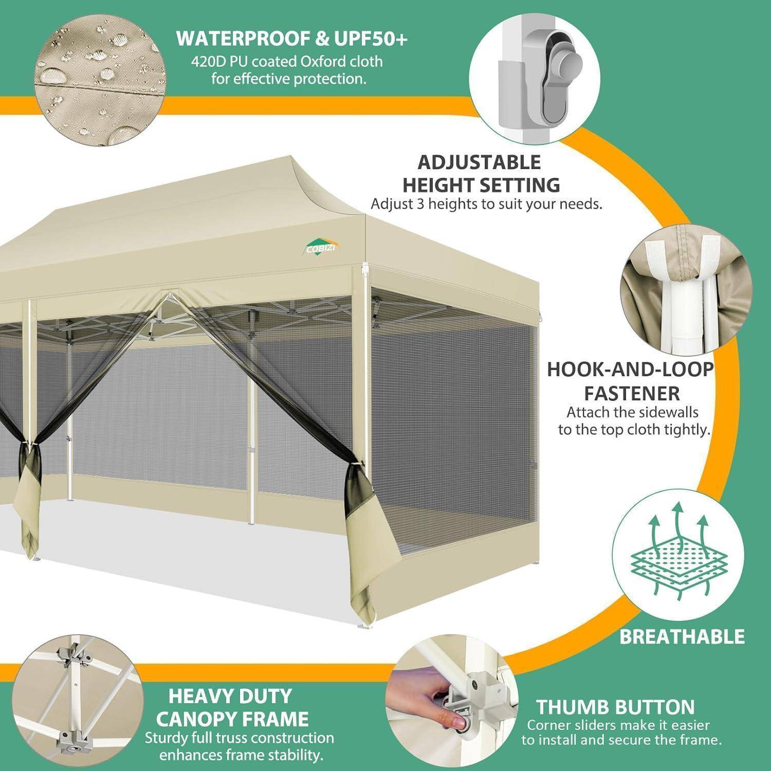 Illustration eines beigen Popup-Baldachins mit Seitenwänden, der wasserbeständiges UPF50+-Gewebe, verstellbare Höhe, Klettverschluss, atmungsaktives Design und stabiles Stahlrahmen hervorhebt.