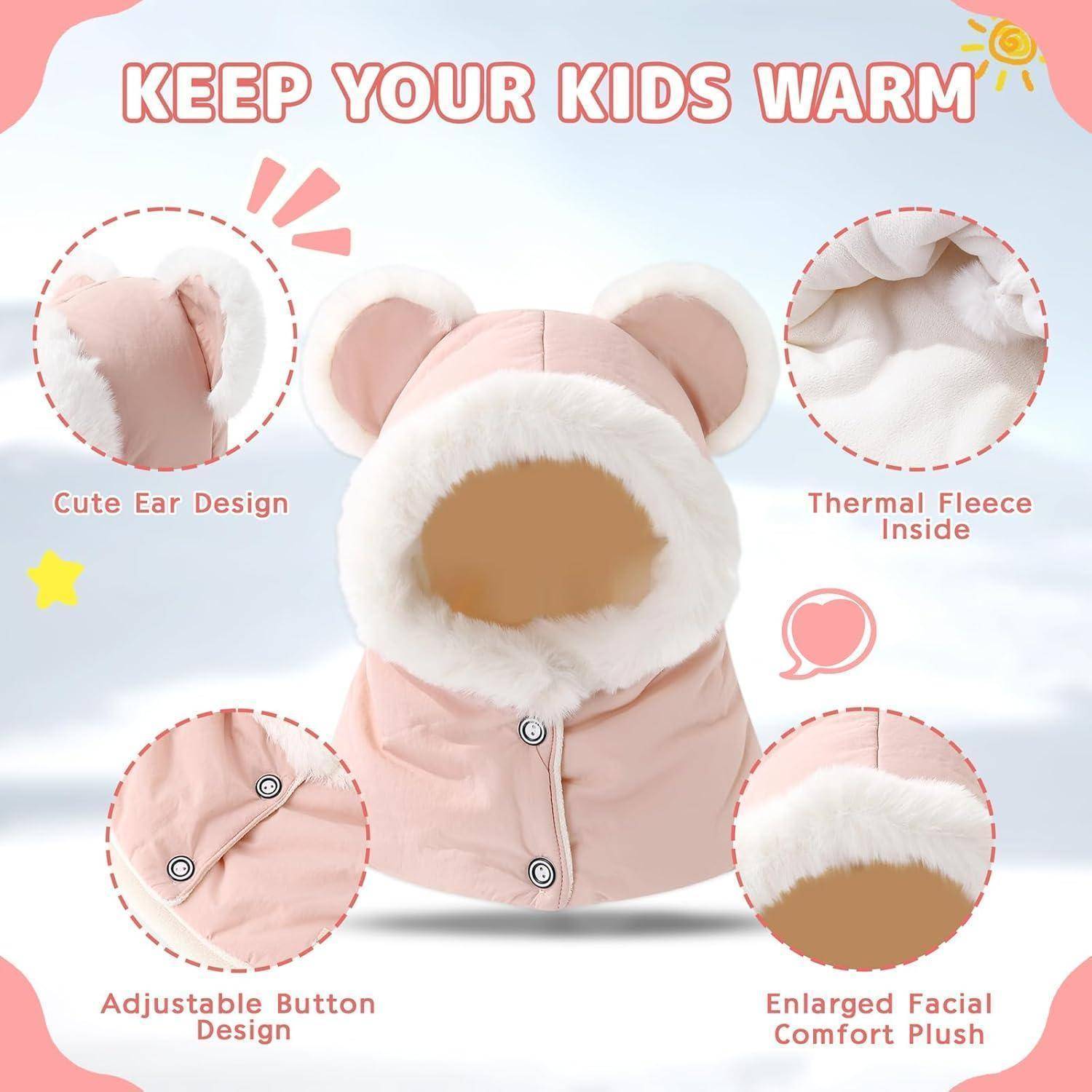 Rosa Winterjacke für Kinder mit Bärenohren und Pelzbesatz, gezeigt mit Hinweisen auf niedliches Ohrendesign, thermisches Fleece-Innenfutter, verstellbare Knöpfe und vergrößertes weiches Gesichtskomfort-Plüsch.