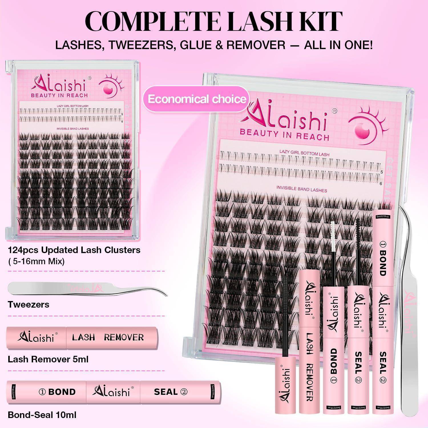 Pinker 'Alaishi Beauty in Reach' kompletter Wimpern-Set mit Wimpernbüscheln, Pinzetten, Kleber, Entferner und Bond-/Versiegelungstuben; gekennzeichnet mit 'Kompletter Wimpern-Set' und 'Wirtschaftliche Wahl'.