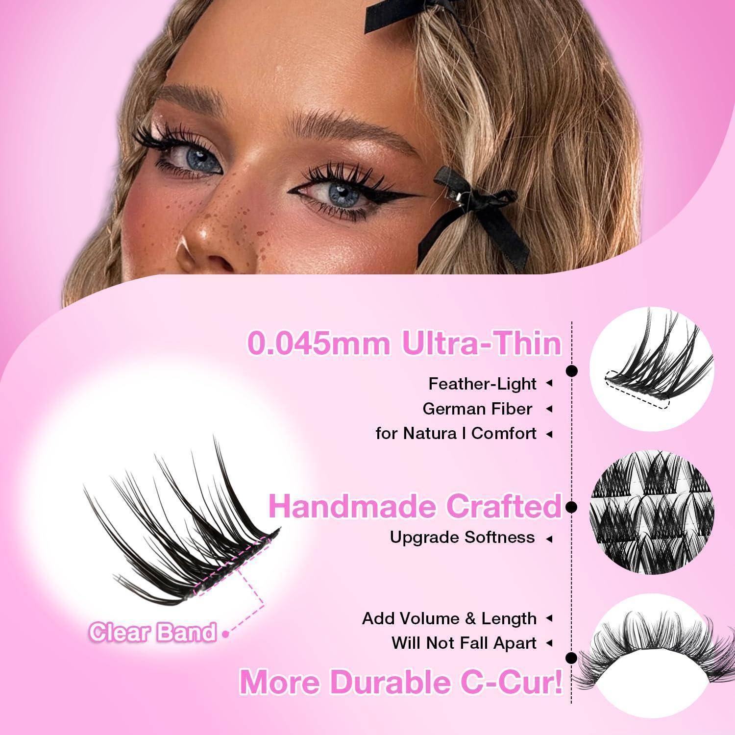 Werbegrafik für künstliche Wimpern mit einem Model, das lange Wimpern trägt, und Text mit Hervorhebung von „0,045mm Ultra-Dünn