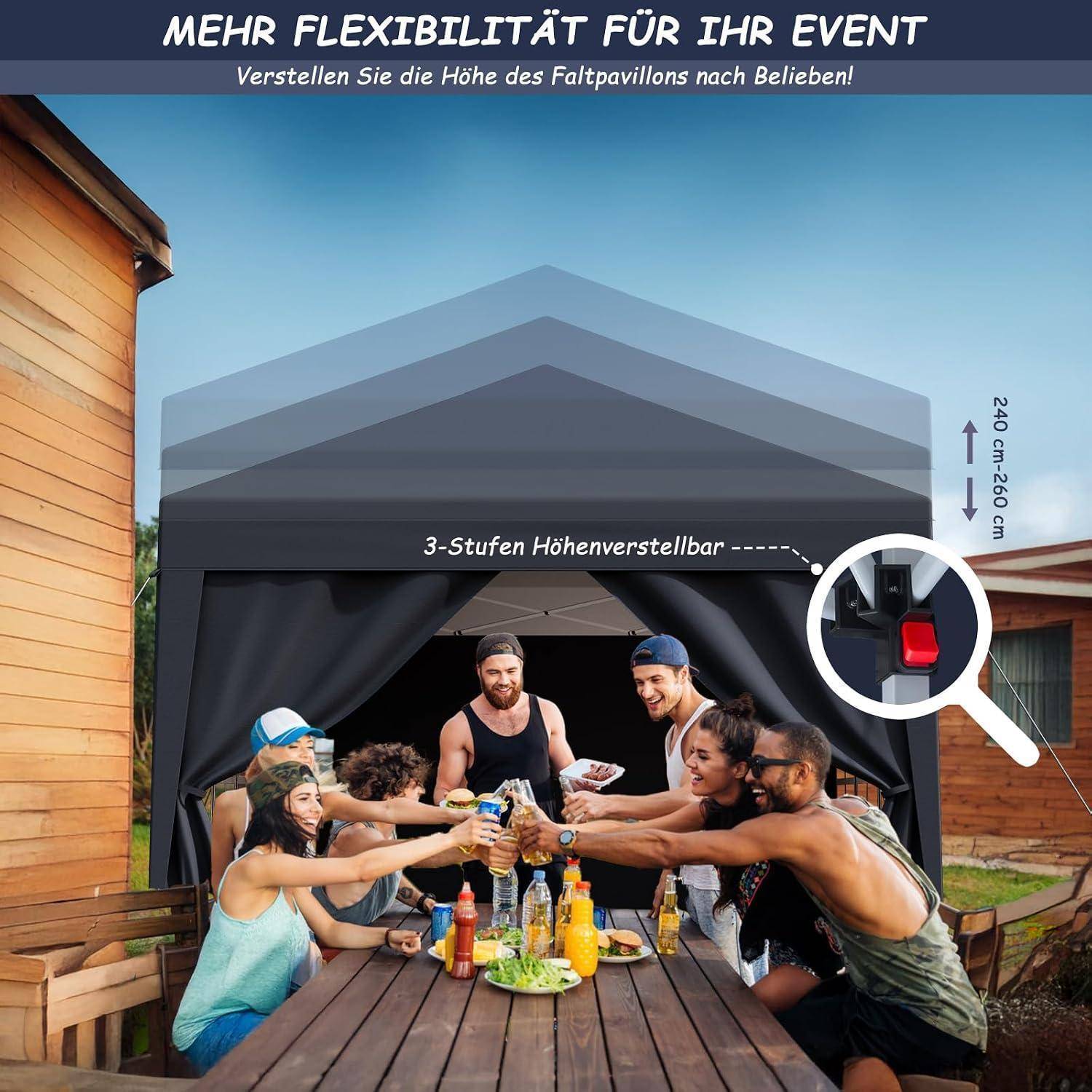 Pop-up-Baldachin über einem Außentisch-Treffen, wobei die 3-stufig verstellbare Höhe von 240 bis 260 cm mit einer Nahaufnahme des Verriegelungsmechanismus hervorgehoben wird.