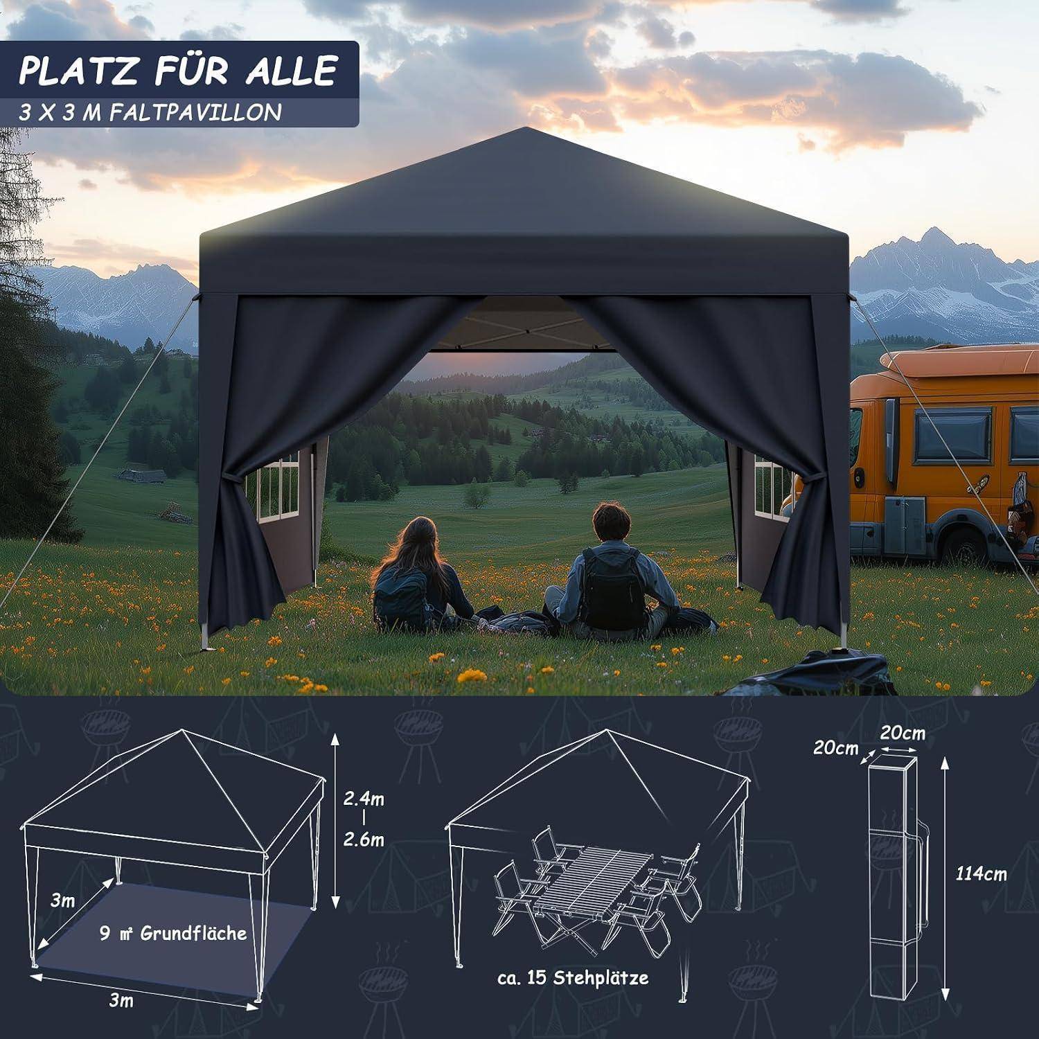 Werbebild eines 3 x 3 m ausklappbaren Pavillons mit Vorhängen und Sitzplätzen für etwa 15 Personen, dargestellt als Campingunterschlupf und mit Abmessungsdiagrammen.